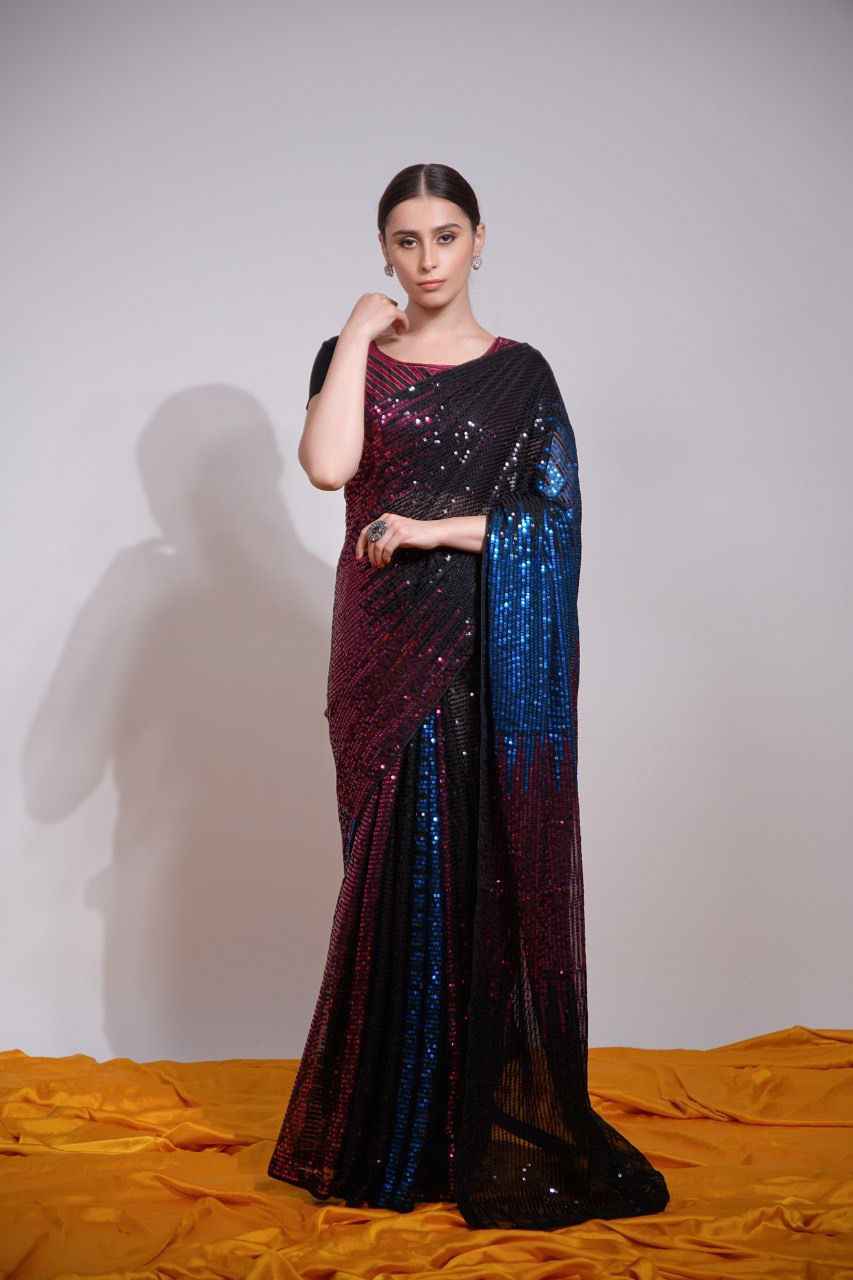 HEAVY GEORGETTE MULTICOLORED SEQUENCE EMBROIDERY WORK SAREE AT WHOLESALE PRICE