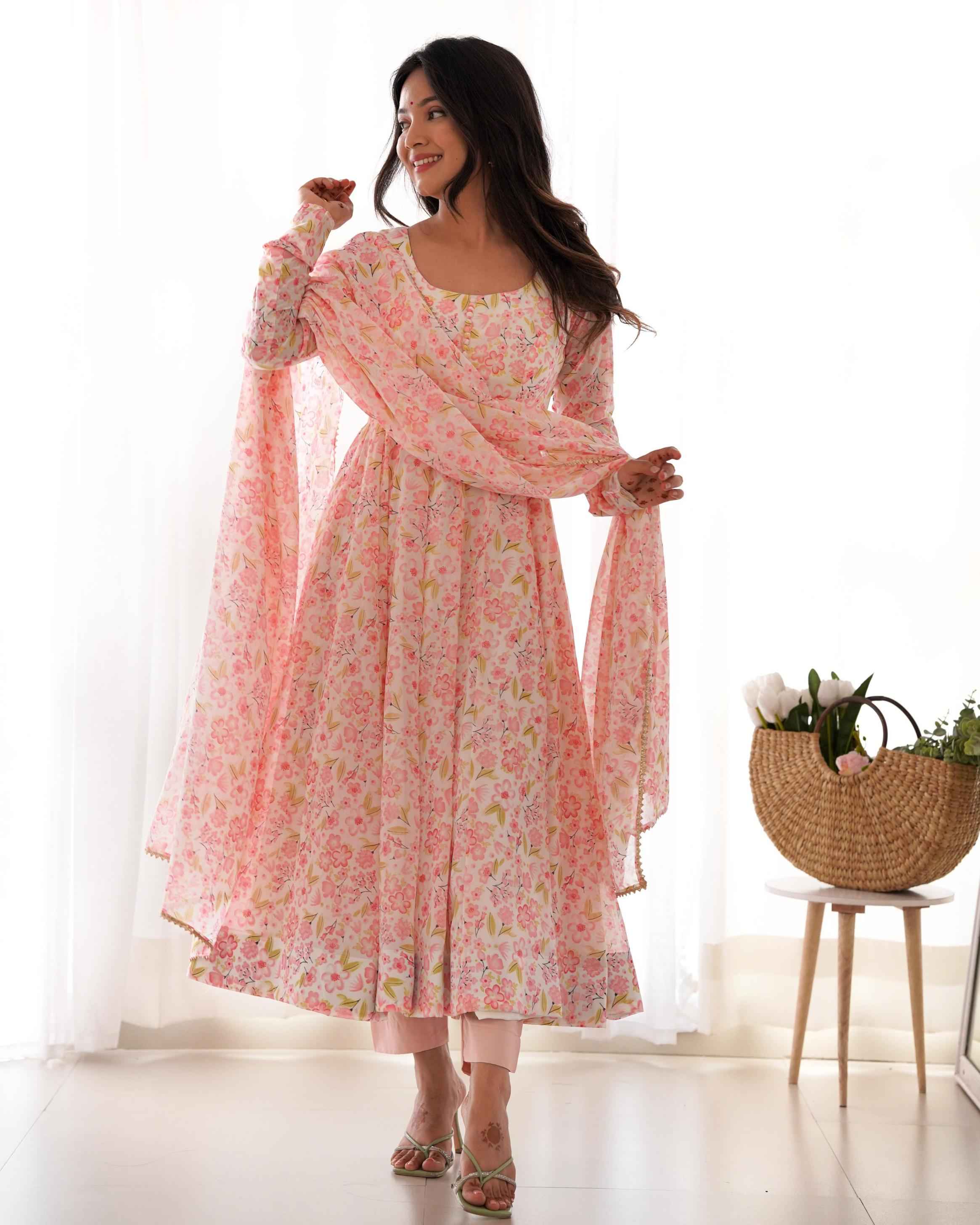 HEAVY ORANGE CHIFFON FLORAL PRINT ANARKALI SUIT AT WHOLESALE PRICE