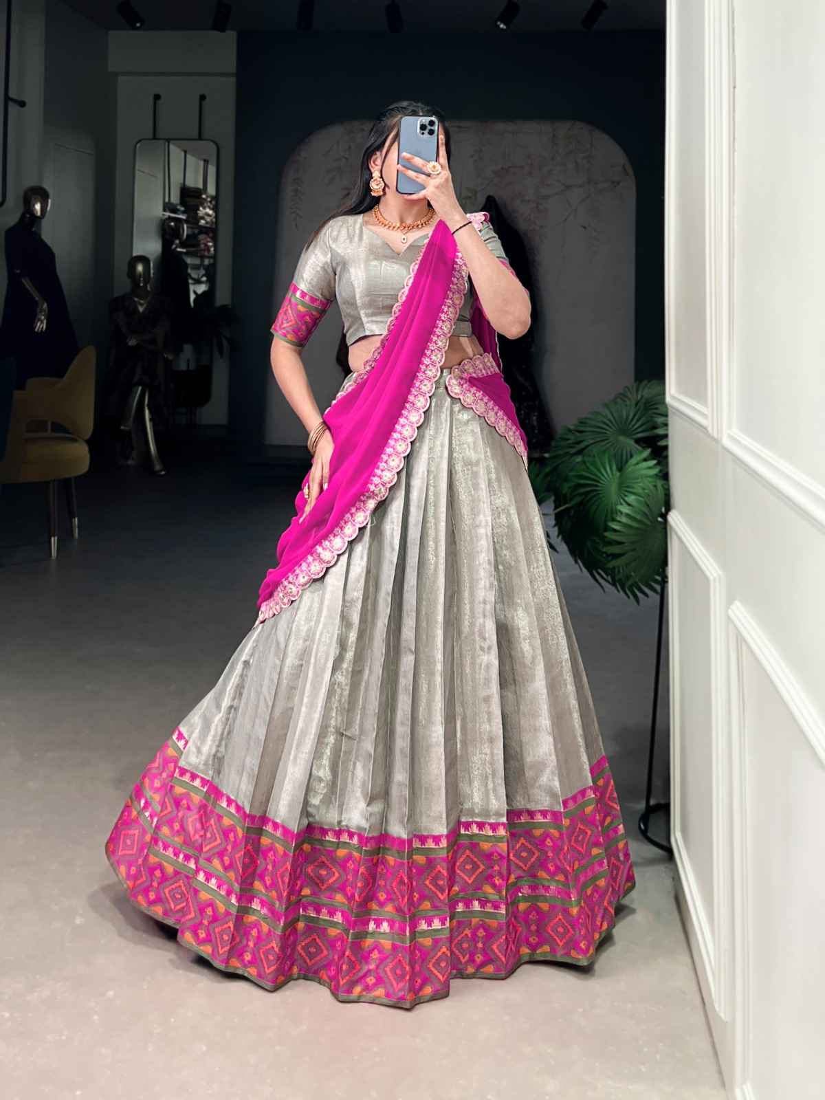 JACQUARD SILK WEAVING WORK WITH IKKAT KANJIVARAM LEHENGA CHOLI AT WHOLESALE PRICE