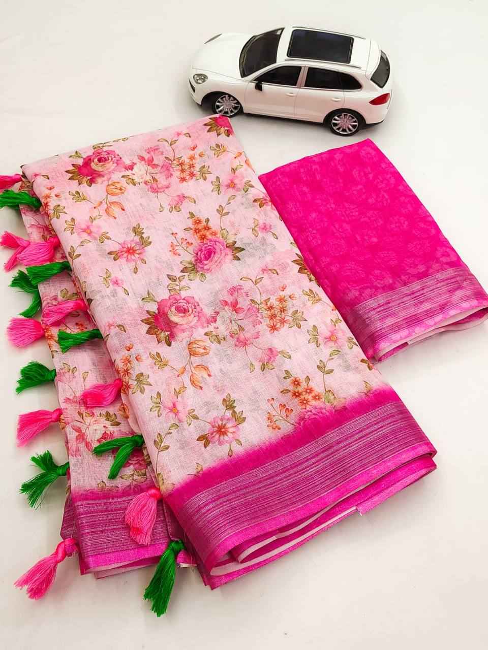 LINEN DIGITAL PRINTED WITH GOLD JARI PATTA SAREE AT WHOLESALE PRICE