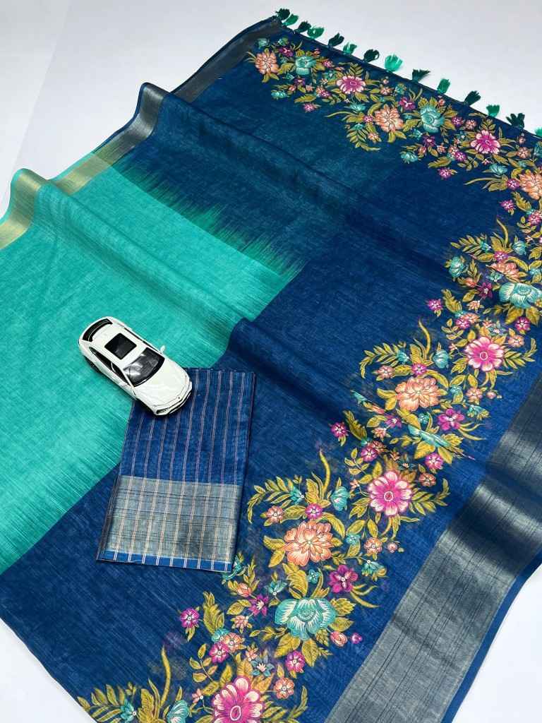 LINEN GOLD JARI WEAVING WITH DIGITAL PRINTED SAREE AT WHOLESALE PRICE