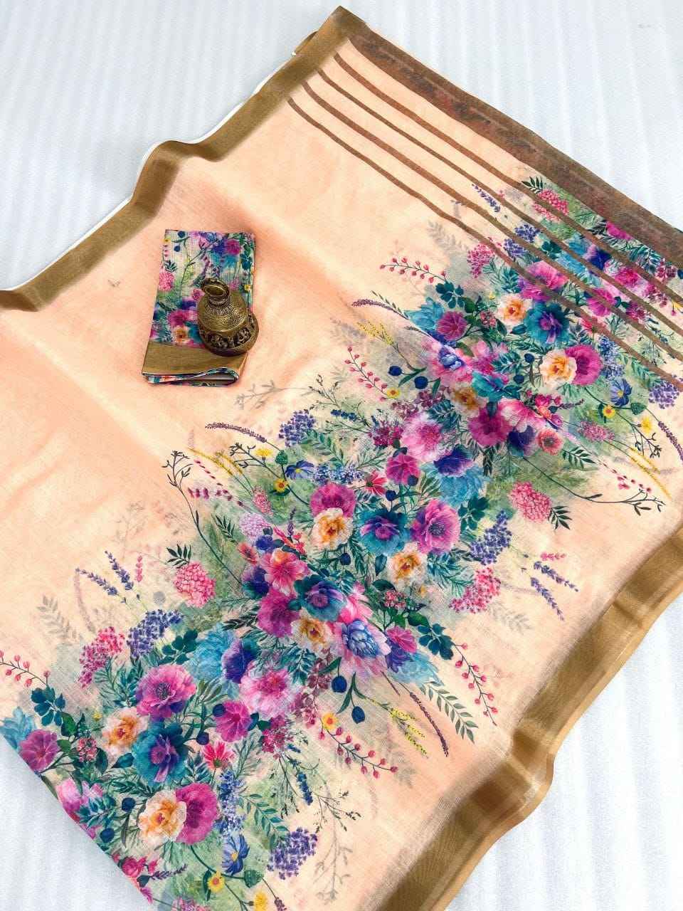 LINEN WITH GOLD JARI BORDER DIGITAL PRINTED SAREE AT WHOLESALE PRICE
