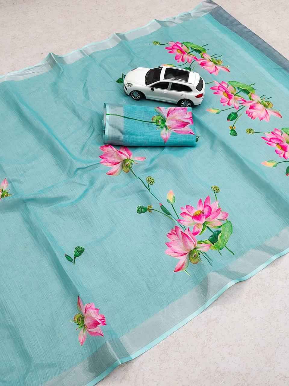 LINEN WITH SILVER JARI PATTA DIGITAL PRINTED SAREE AT WHOLESALE PRICE