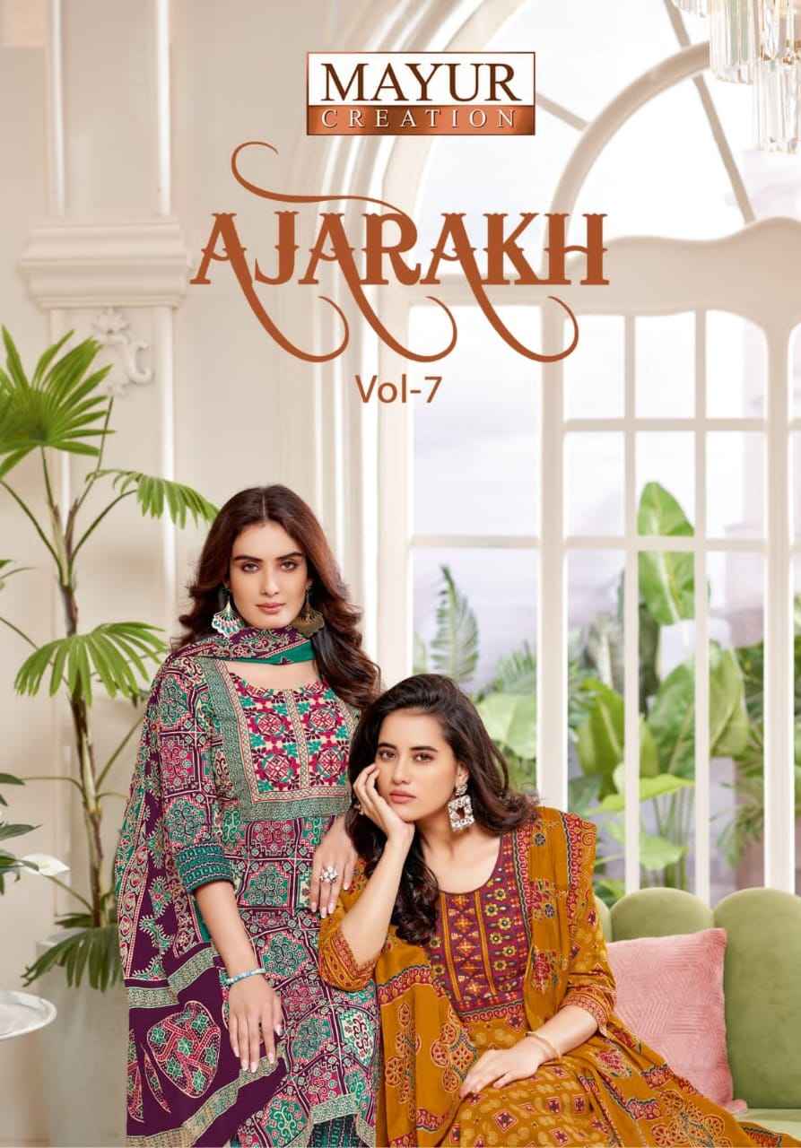 MAYUR AJARAKH VOL-7 PURE COTTON PRINTED WITH NECK EMBROIDERY KURTI PANT WITH DUPATTA AT WHOLESALE PRICE 