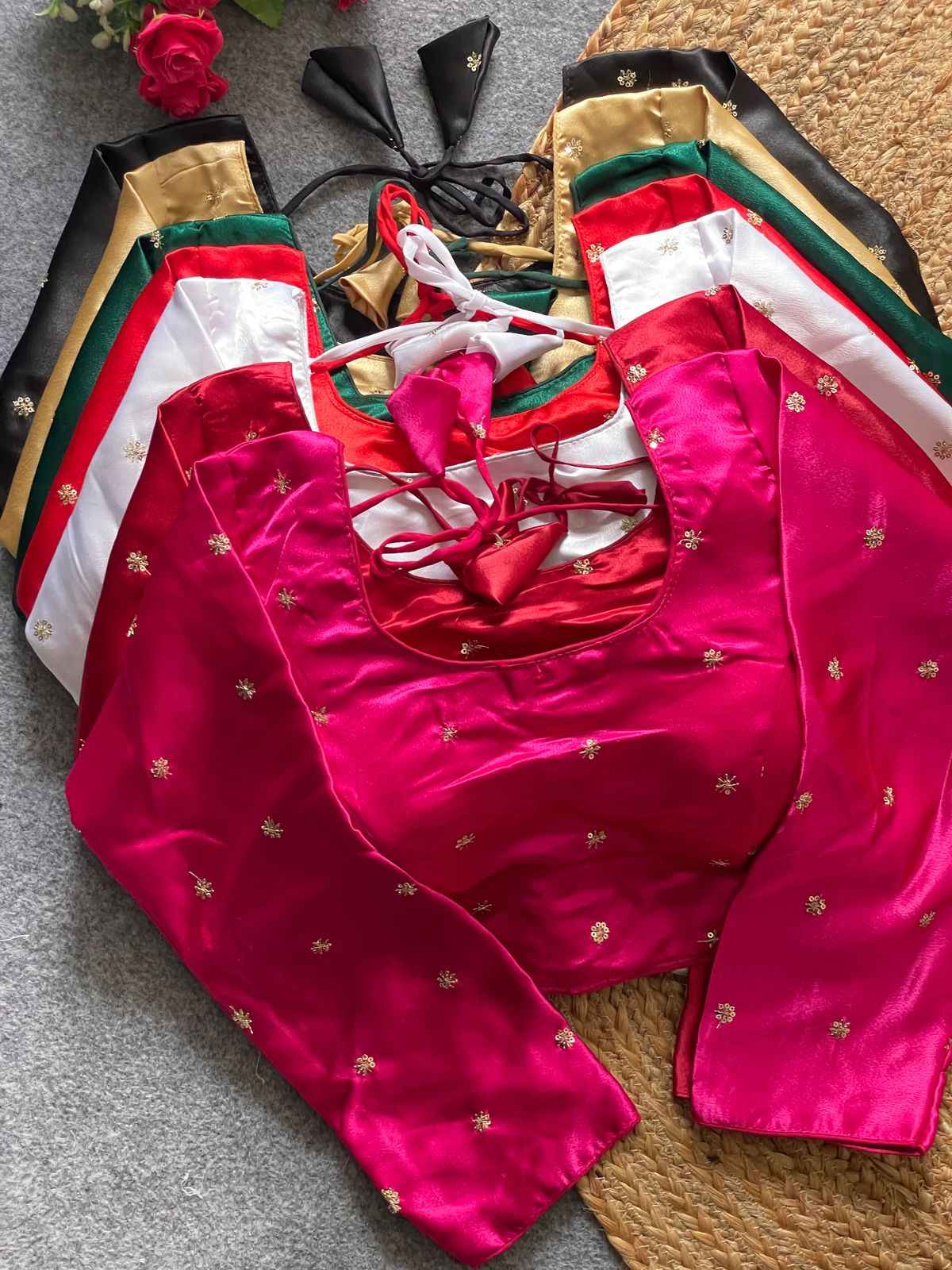 SATIN SILK WITH ALL OVER JARI AND SEQUENCE BUTTY WORK BLOUSE AT WHOLESALE PRICE