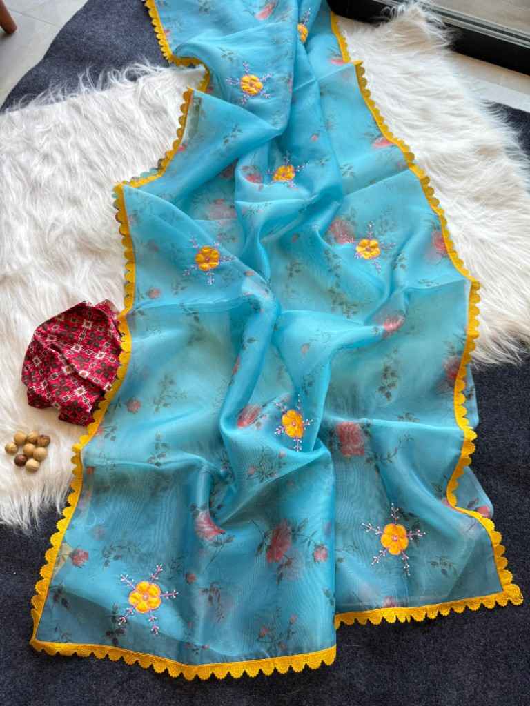ORGANZA DIGITAL PRINTED HANDWORK WITH CUTDANA WORK SAREE AT WHOLESALE PRICE