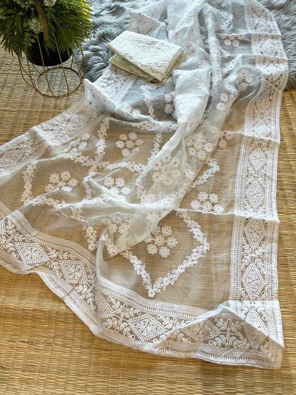 ORGANZA SILK EMBROIDERY WORK IWITH MULTI VISCOS THREAD SAREE AT WHOLESALE PRICE