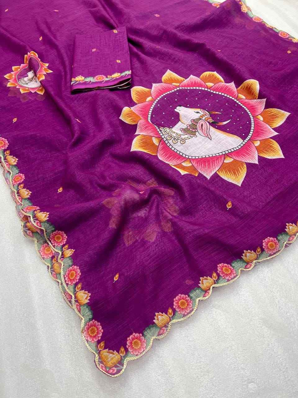 PLAIN LINEN DIGITAL PRINT WITH CUT WORK BORDER SAREE AT WHOLESALE PRICE