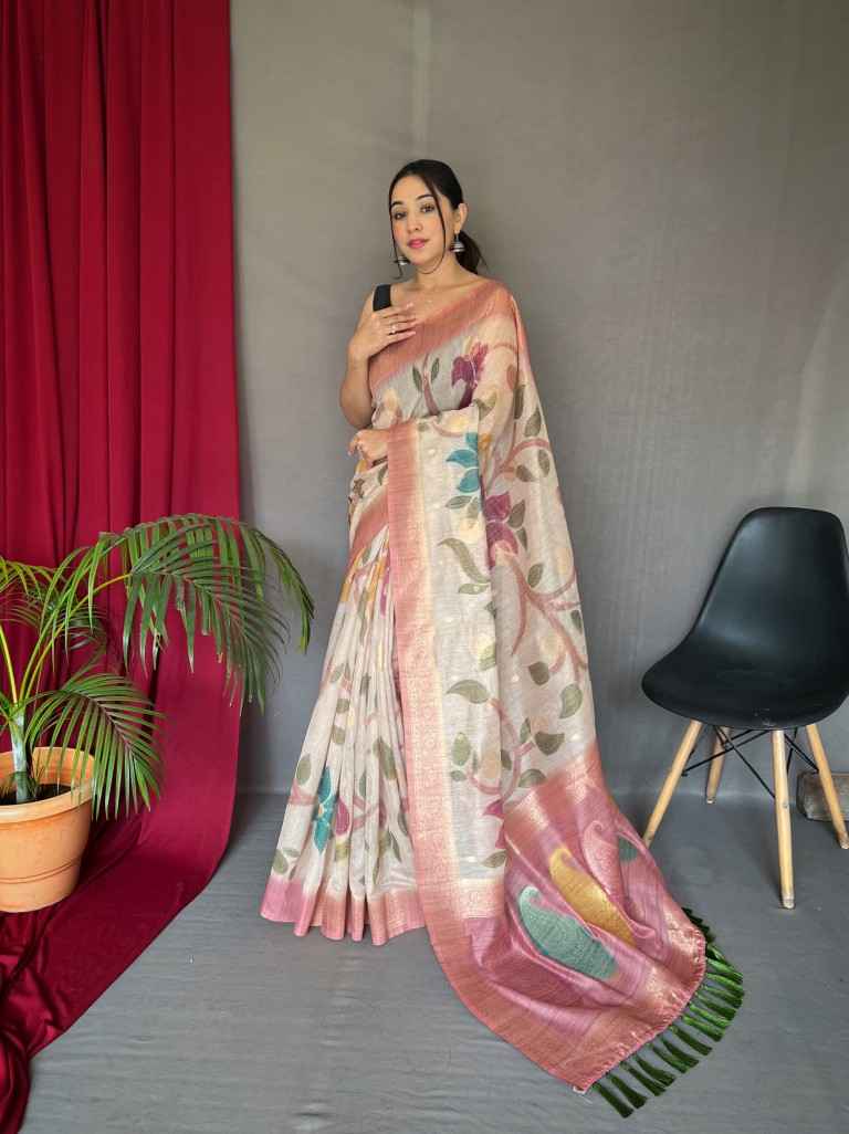 PURE CHANDERI SILK 3D DIGITAL PRINT WITH FLORAL KATHA STITCH SAREE AT WHOLESALE PRICE