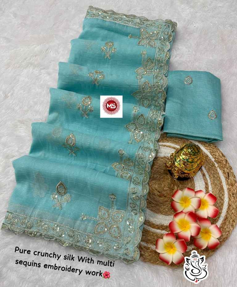 PURE CRUNCHY SILK WITH PITTA WORK C PALLU SAREE AT WHOLESALE PRICE