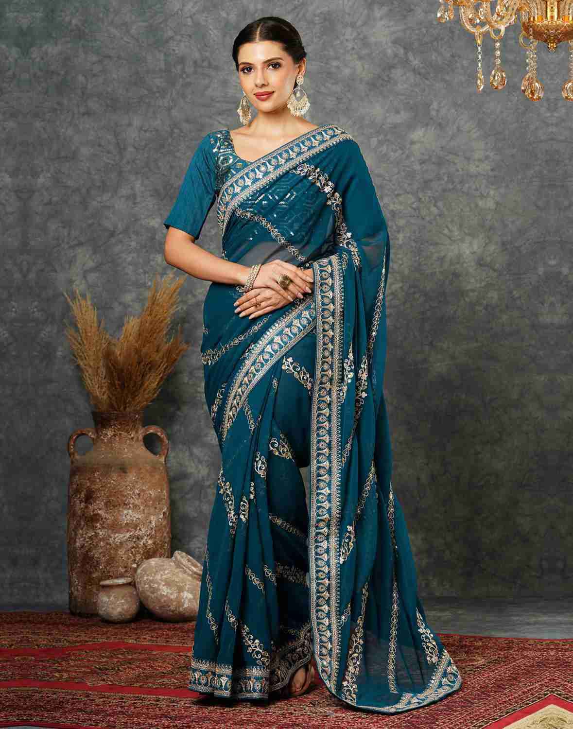 PURE GEORGETTE SEQUENCE ZARI EMBROIDERY WORK SAREE AT WHOLESALE PRICE