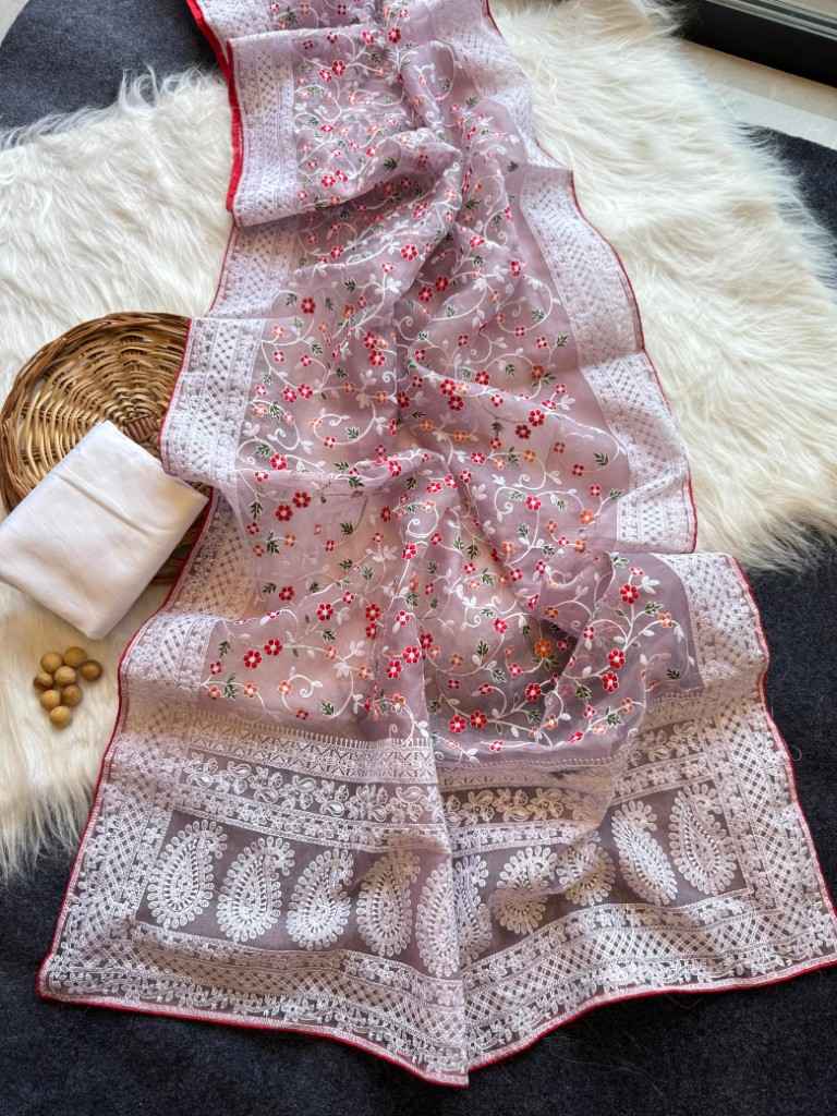 PURE ORGANZA SILK THREAD AND CHIKANKARI WORK SAREE AT WHOLESALE PRICE