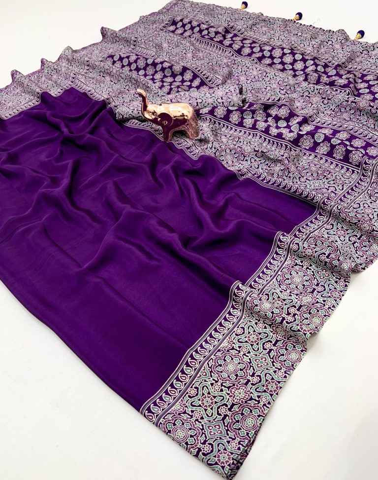 PURE SATIN WITH AJRAK PRINTED TUSSLE SAREE AT WHOLESALE PRICE