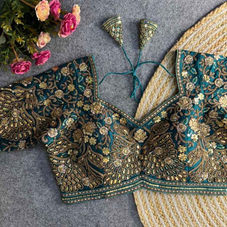 PURE SOFT ITALIAN SILK EMBROIDERY SEQUENCE WORK BRIDAL BLOUSE AT WHOLESALE PRICE
