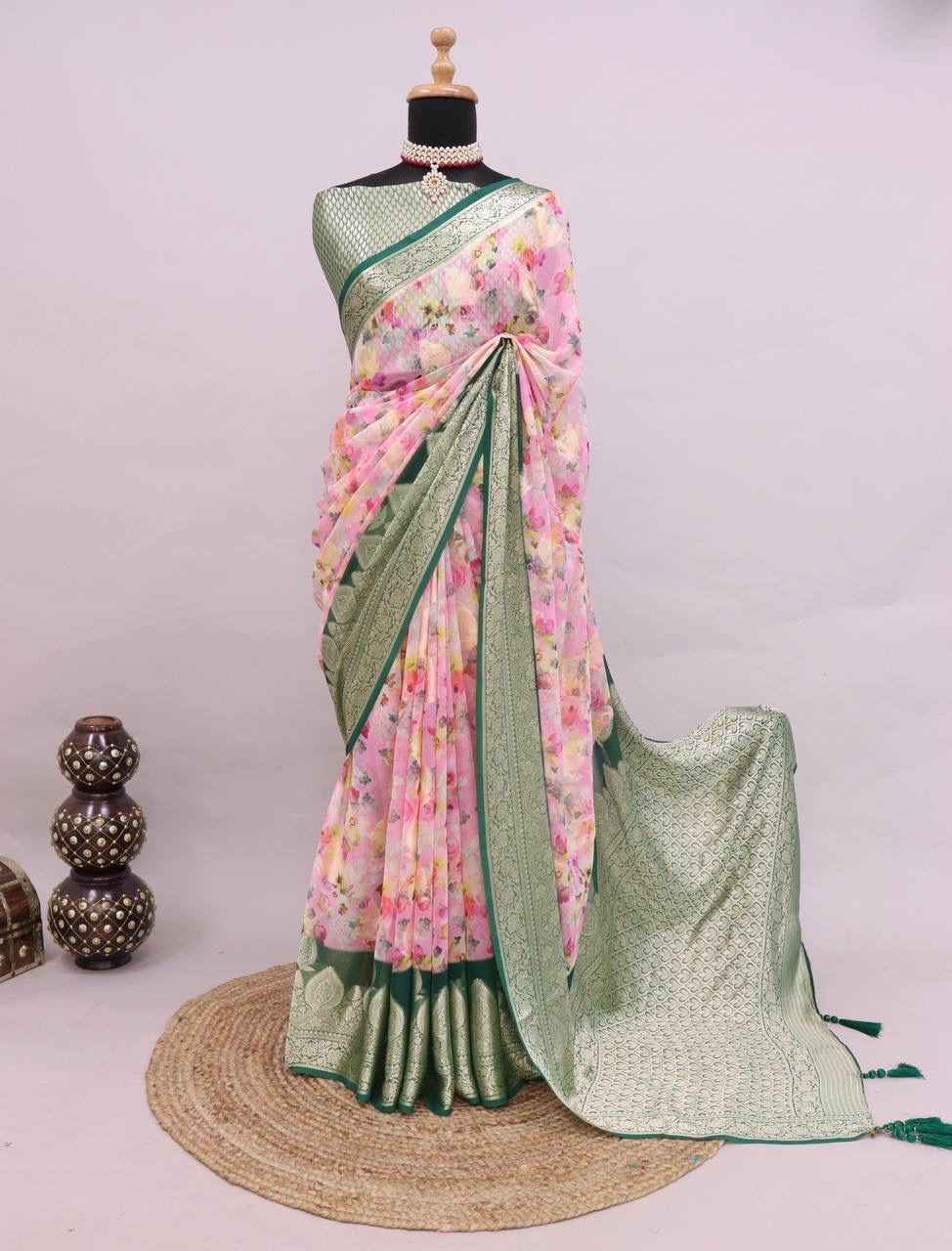 PURE WEAVING GEORGETT SILK WEAVED VISCOS  FLORAL DIGITAL PRINT SAREE AT WHOLESALE PRICE