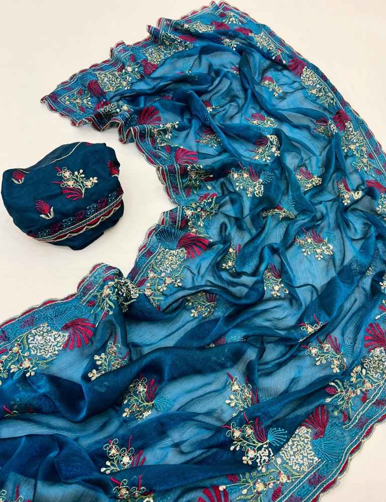 SATIN CHIIFFON FLORAL EMBROIDERY WITH SEQUENCE WORK SAREE AT WHOLESALE PRICE