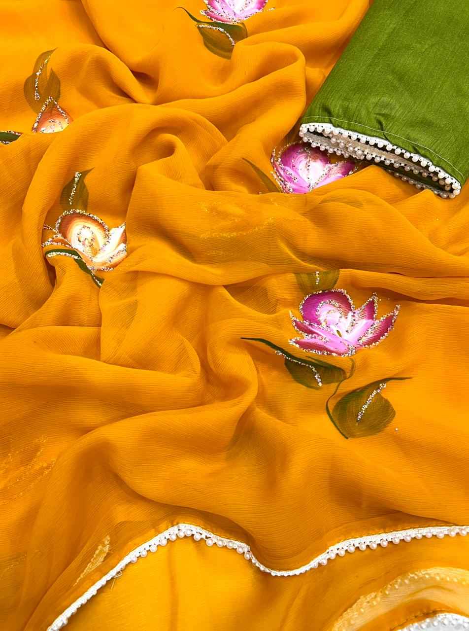 SOFT CHIFFON FLORAL HANDBRUSH PRINT SAREE AT WHOLESALE PRICE
