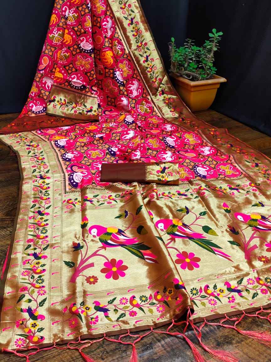SOFT KASHMIRI PATOLA PAITHANI SILK GOLD JARI WEAVING SAREE AT WHOLESALE PRICE