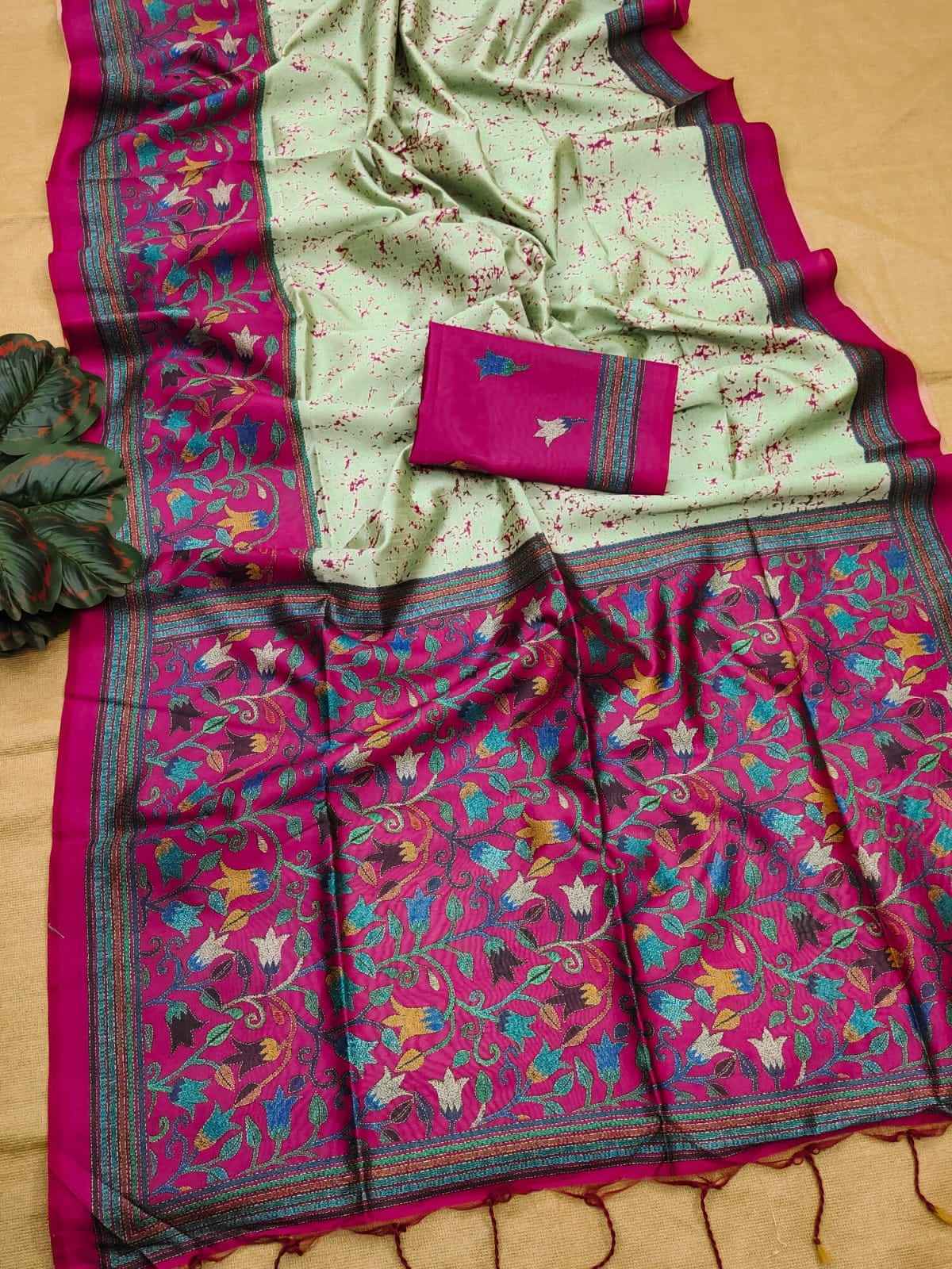 SOFT TUSSAR SILK FLORAL KANTHA PRINTED SAREE AT WHOLESALE PRICE