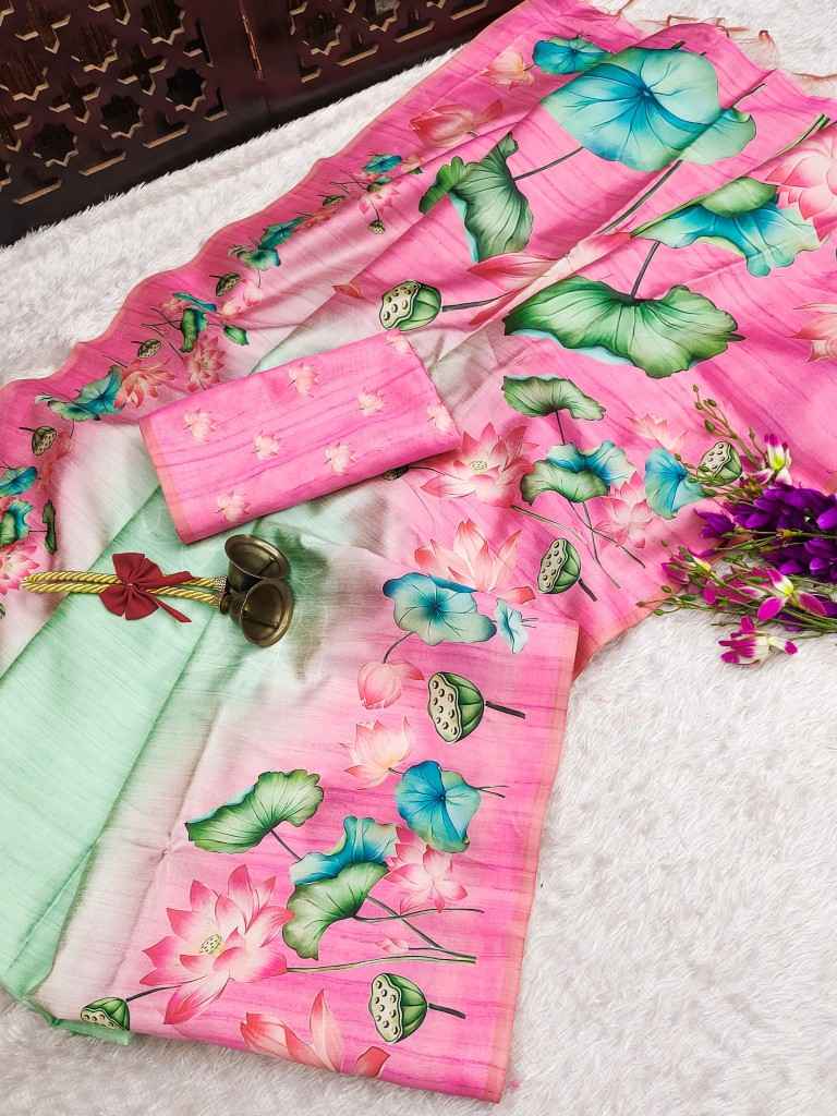 SOFT TUSSAR SILK LOTUS PRINT PALLU SAREE AT WHOLESALE PRICE