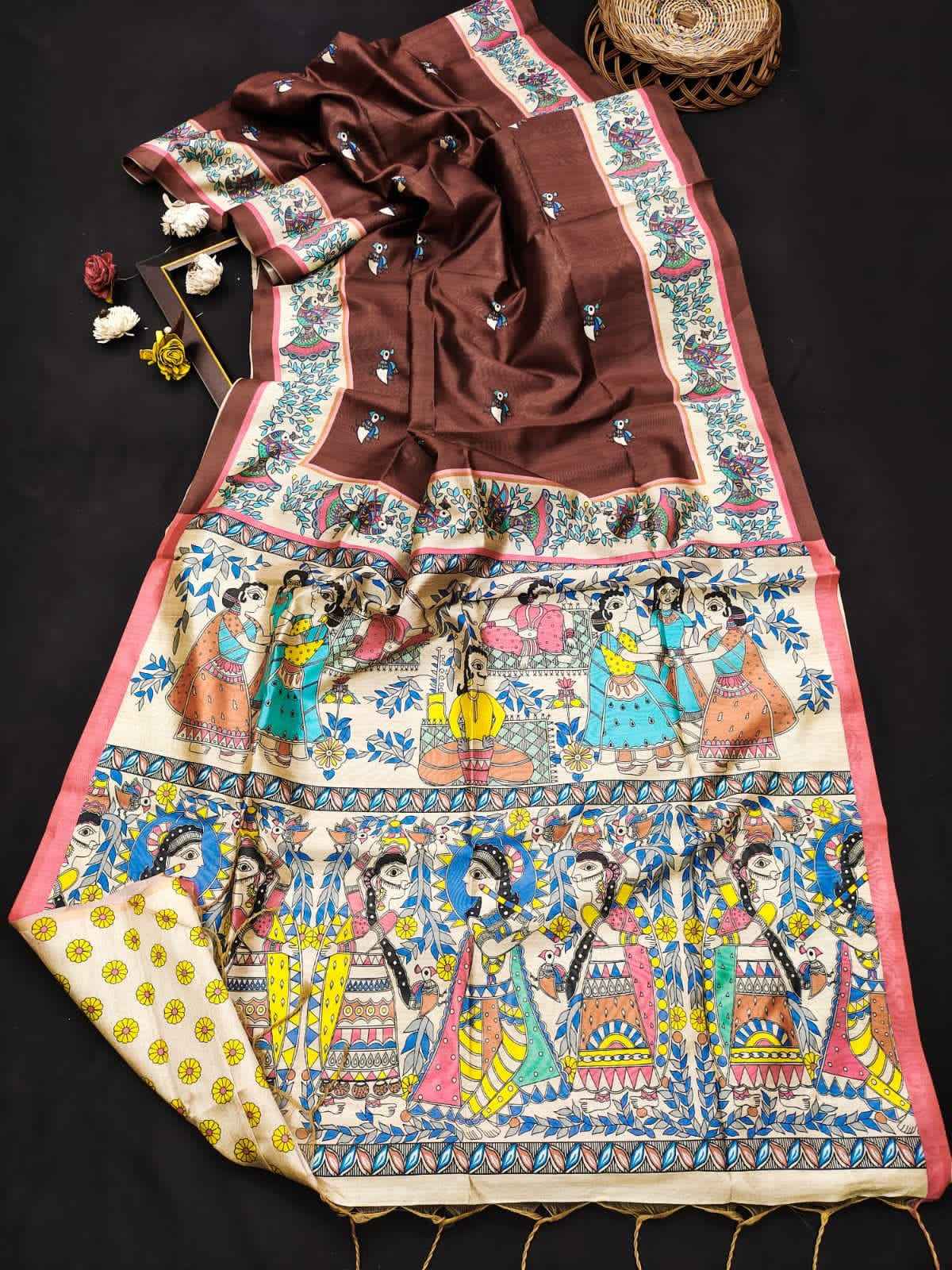 SOFT TUSSAR SILK MADHUBANI PRINTED SAREE AT WHOLESALE PRICE