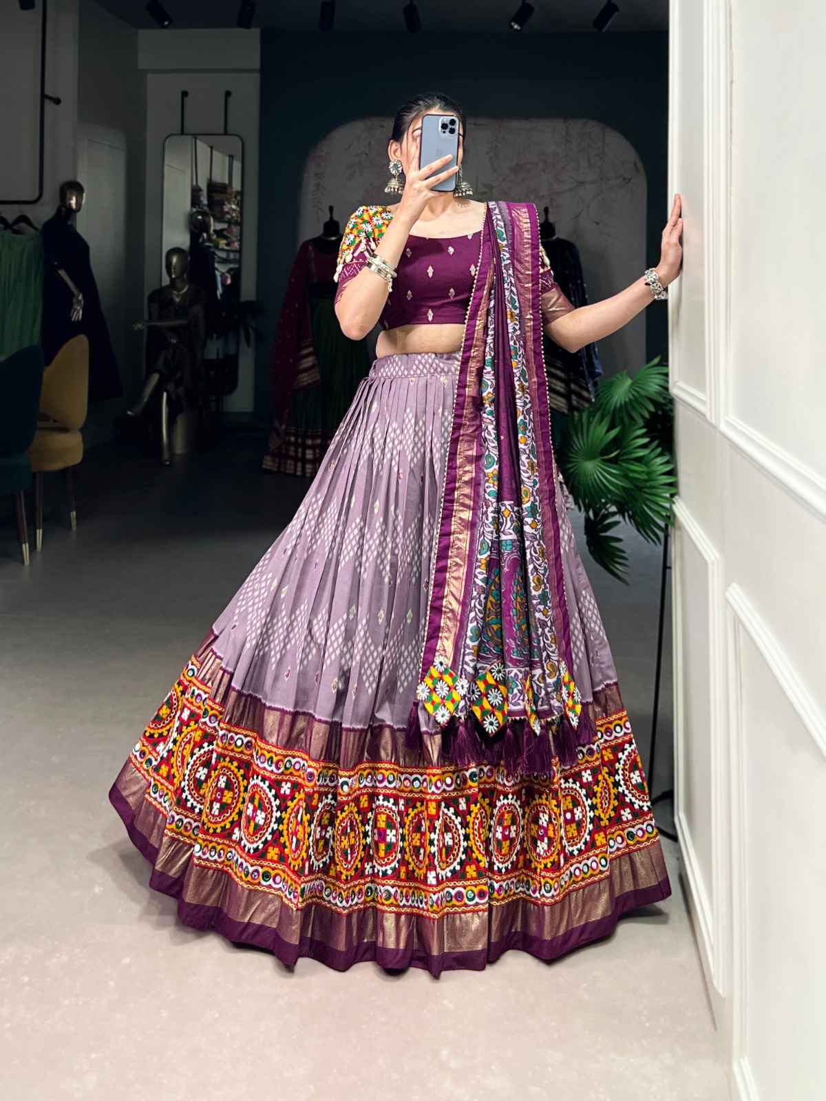 TASAR SILK DOT AND IKKAT PRINT MIRROR GAMTHI WORK LACE LEHENGA CHOLI AT WHOLESALE PRICE