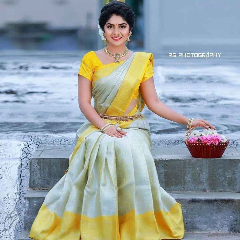 GREY & YELLOW COMBINATION DESIGNER SOFT LICHI SILK SAREE