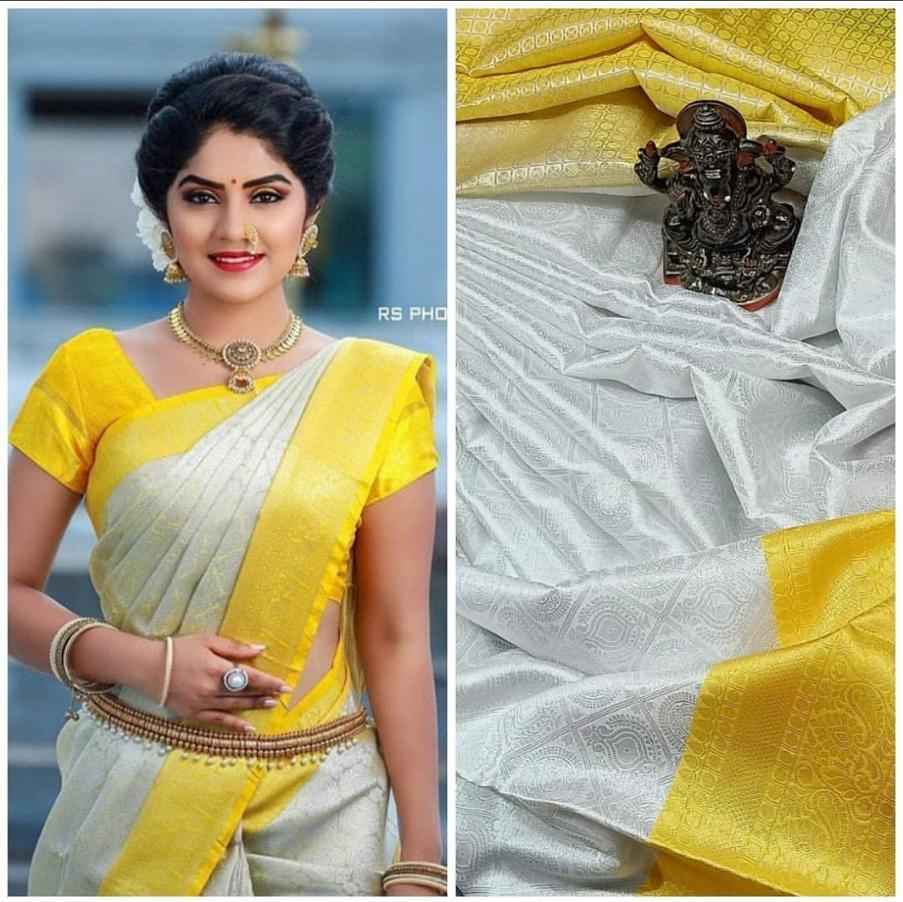 GREY & YELLOW COMBINATION DESIGNER SOFT LICHI SILK SAREE