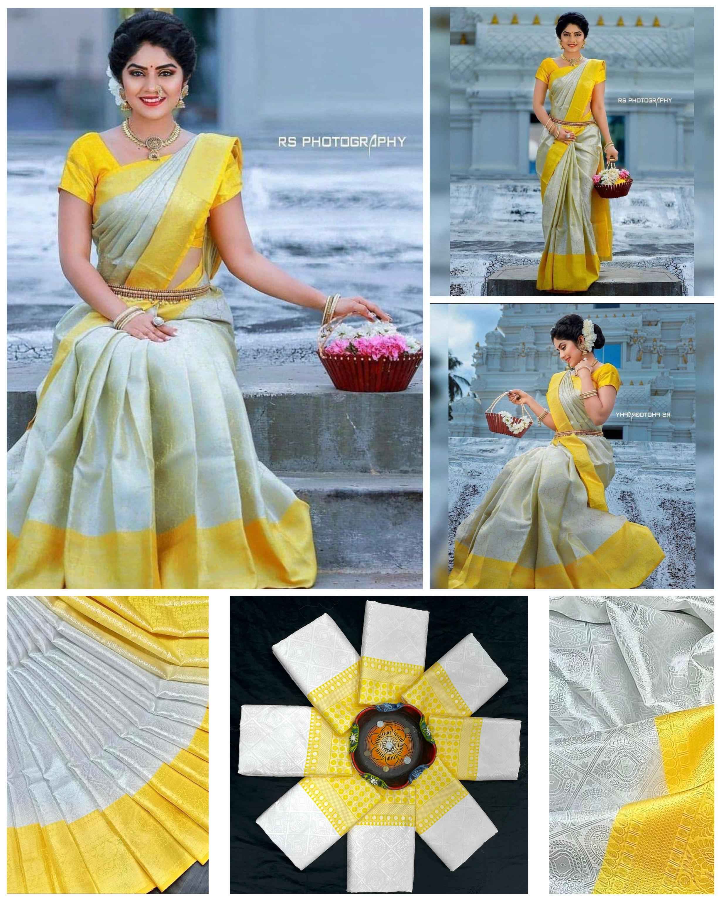 GREY & YELLOW COMBINATION DESIGNER SOFT LICHI SILK SAREE