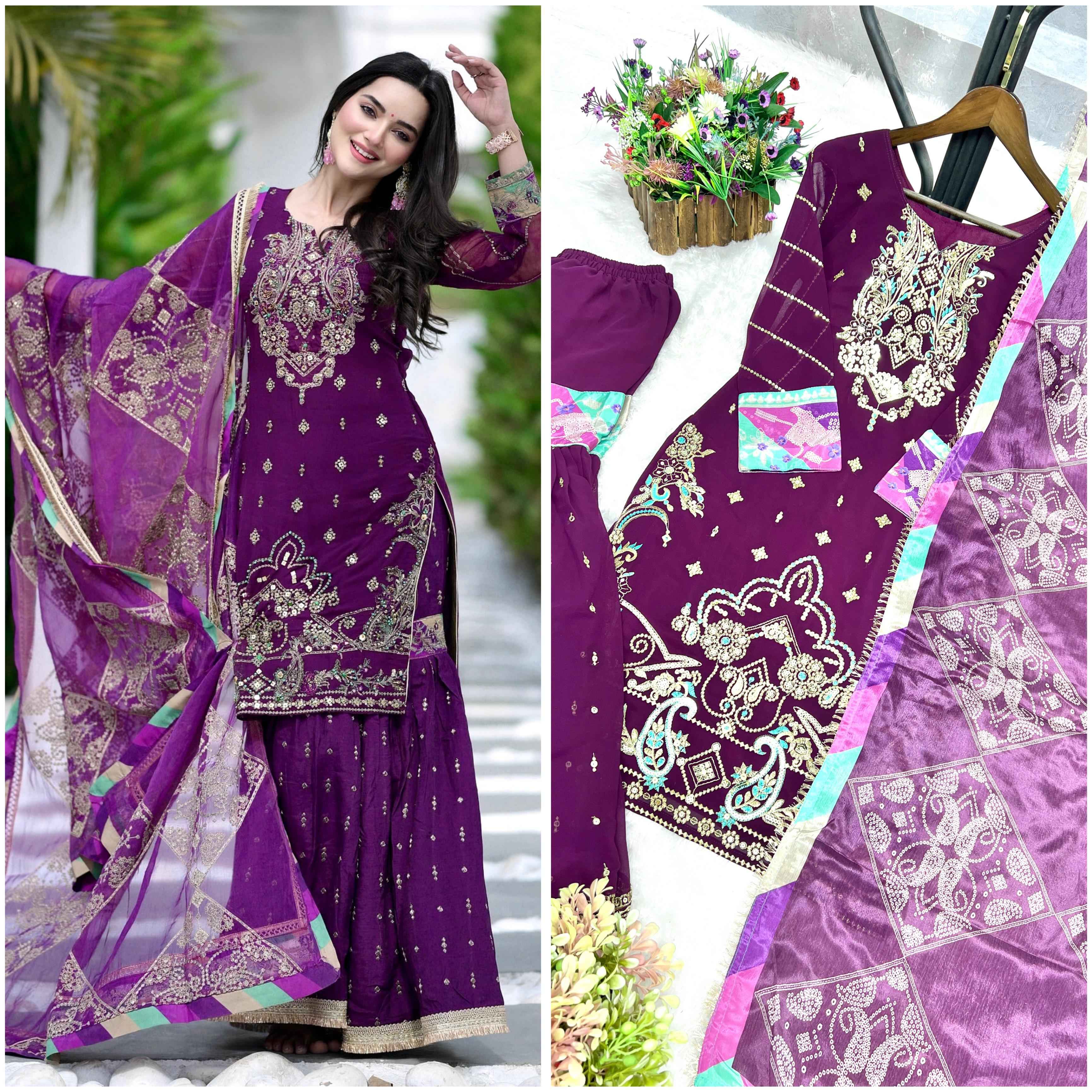 HEAVY FAUX GEORGETTE ANCY KURTI WITH SHARARA AND PRINTED DUPATTA AT WHOLESALE PRICE