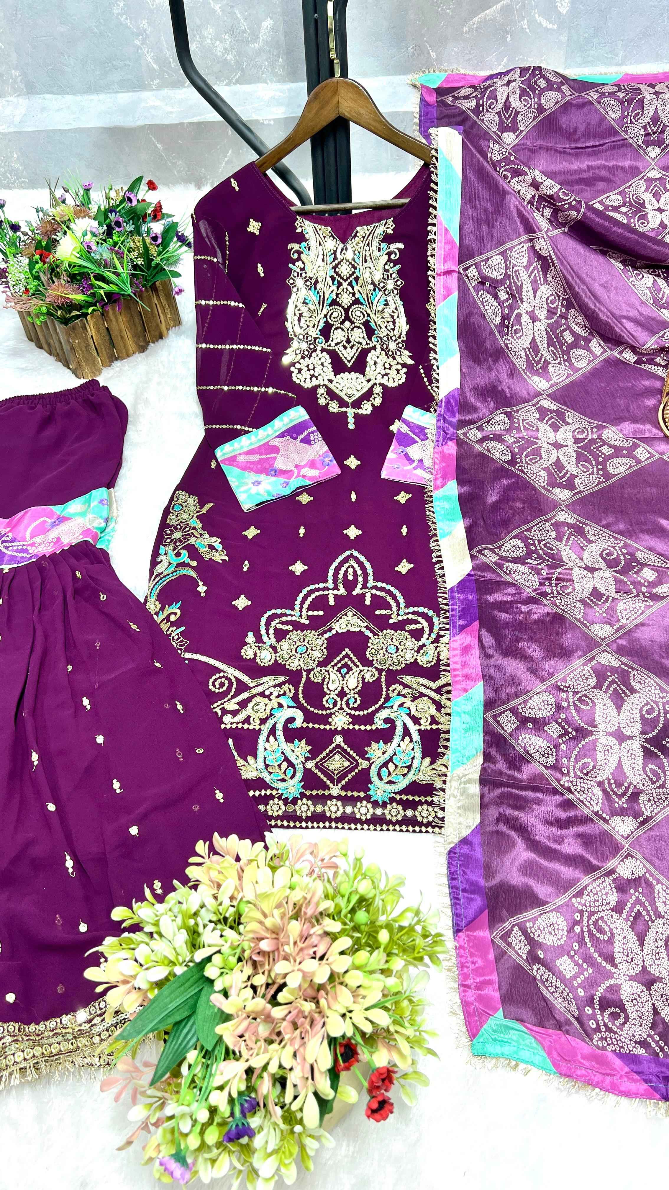 HEAVY FAUX GEORGETTE ANCY KURTI WITH SHARARA AND PRINTED DUPATTA AT WHOLESALE PRICE
