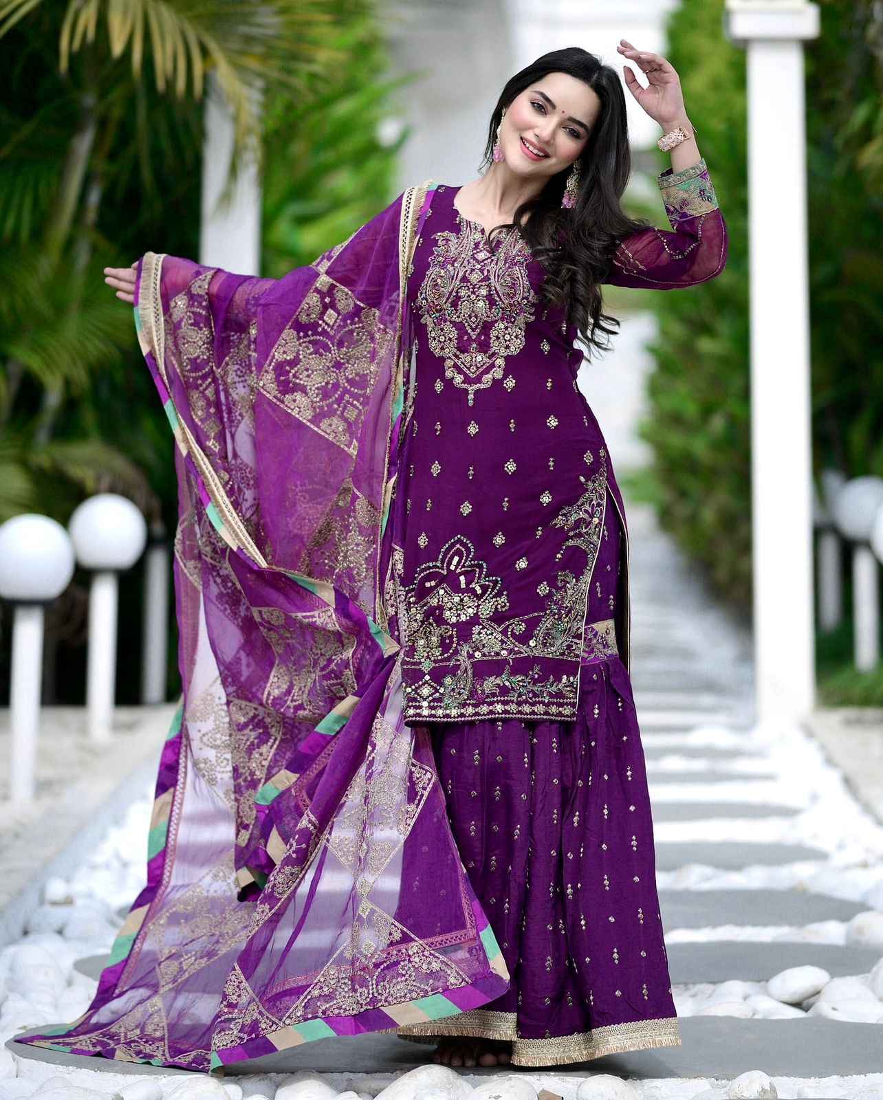HEAVY FAUX GEORGETTE ANCY KURTI WITH SHARARA AND PRINTED DUPATTA AT WHOLESALE PRICE