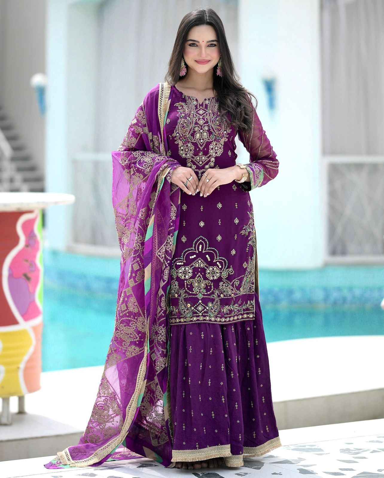 HEAVY FAUX GEORGETTE ANCY KURTI WITH SHARARA AND PRINTED DUPATTA AT WHOLESALE PRICE
