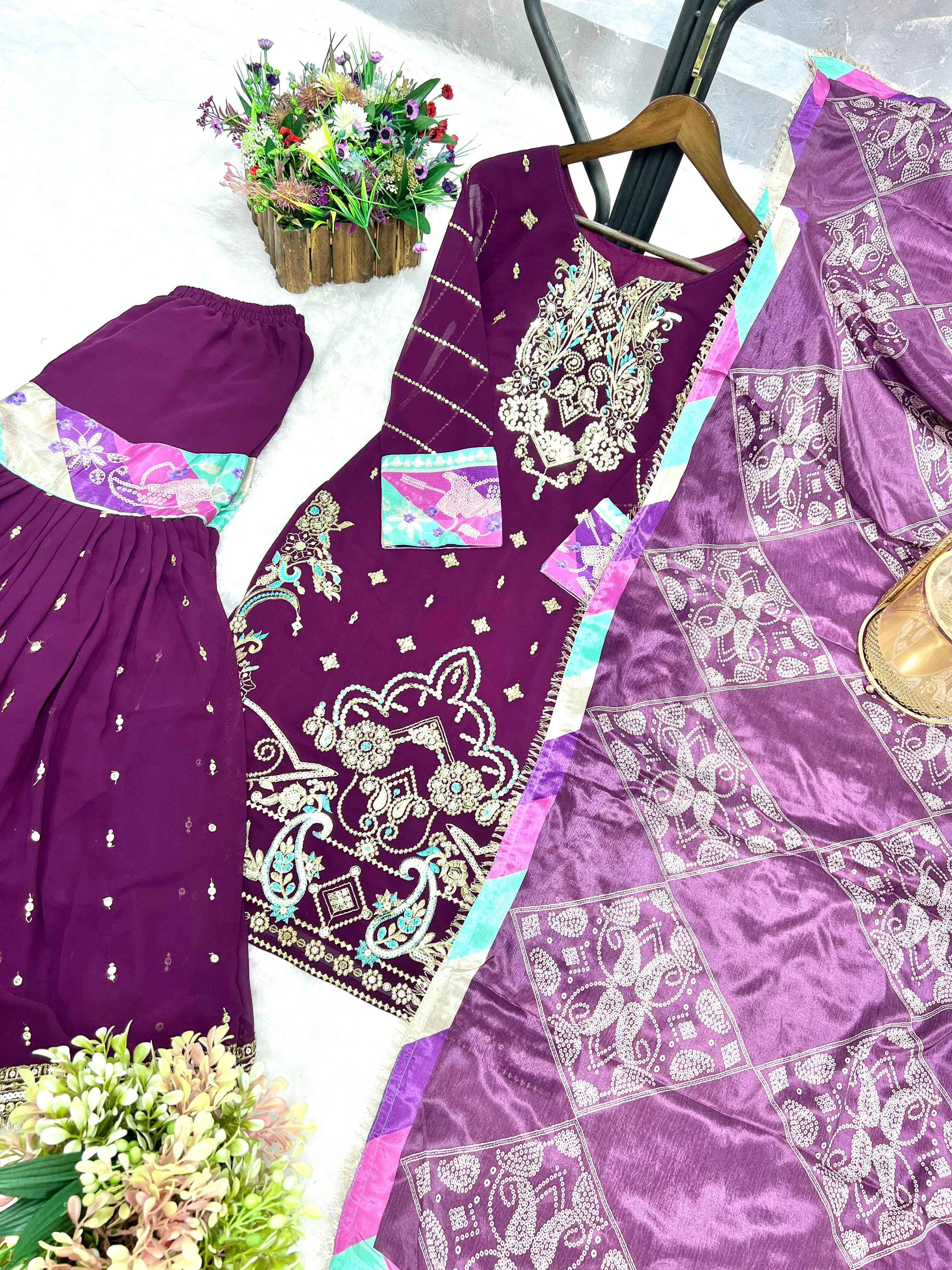 HEAVY FAUX GEORGETTE ANCY KURTI WITH SHARARA AND PRINTED DUPATTA AT WHOLESALE PRICE