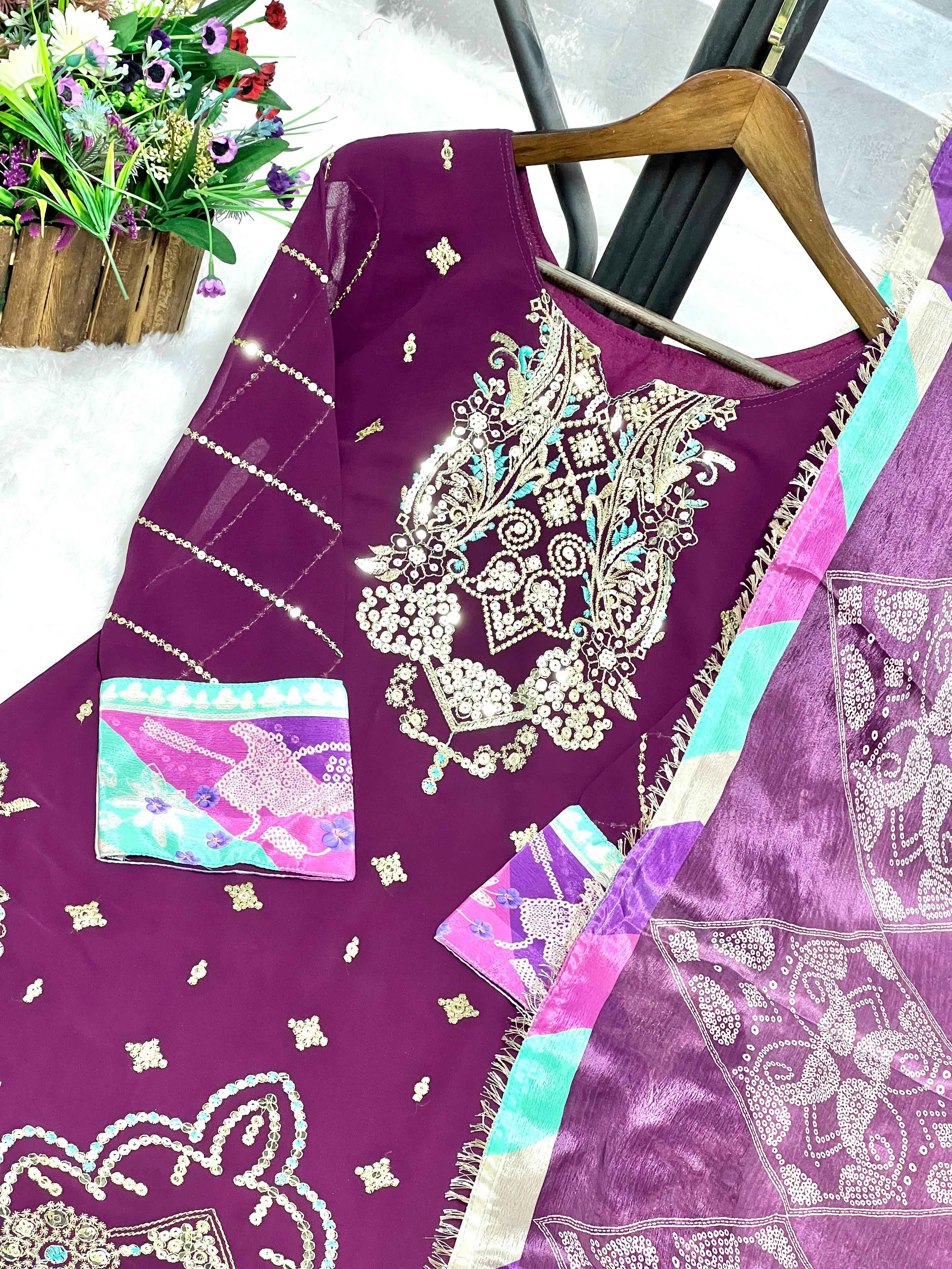 HEAVY FAUX GEORGETTE ANCY KURTI WITH SHARARA AND PRINTED DUPATTA AT WHOLESALE PRICE