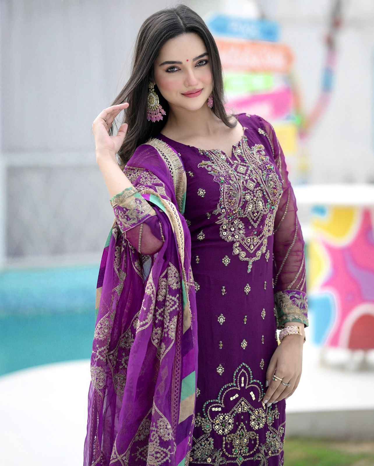 HEAVY FAUX GEORGETTE ANCY KURTI WITH SHARARA AND PRINTED DUPATTA AT WHOLESALE PRICE