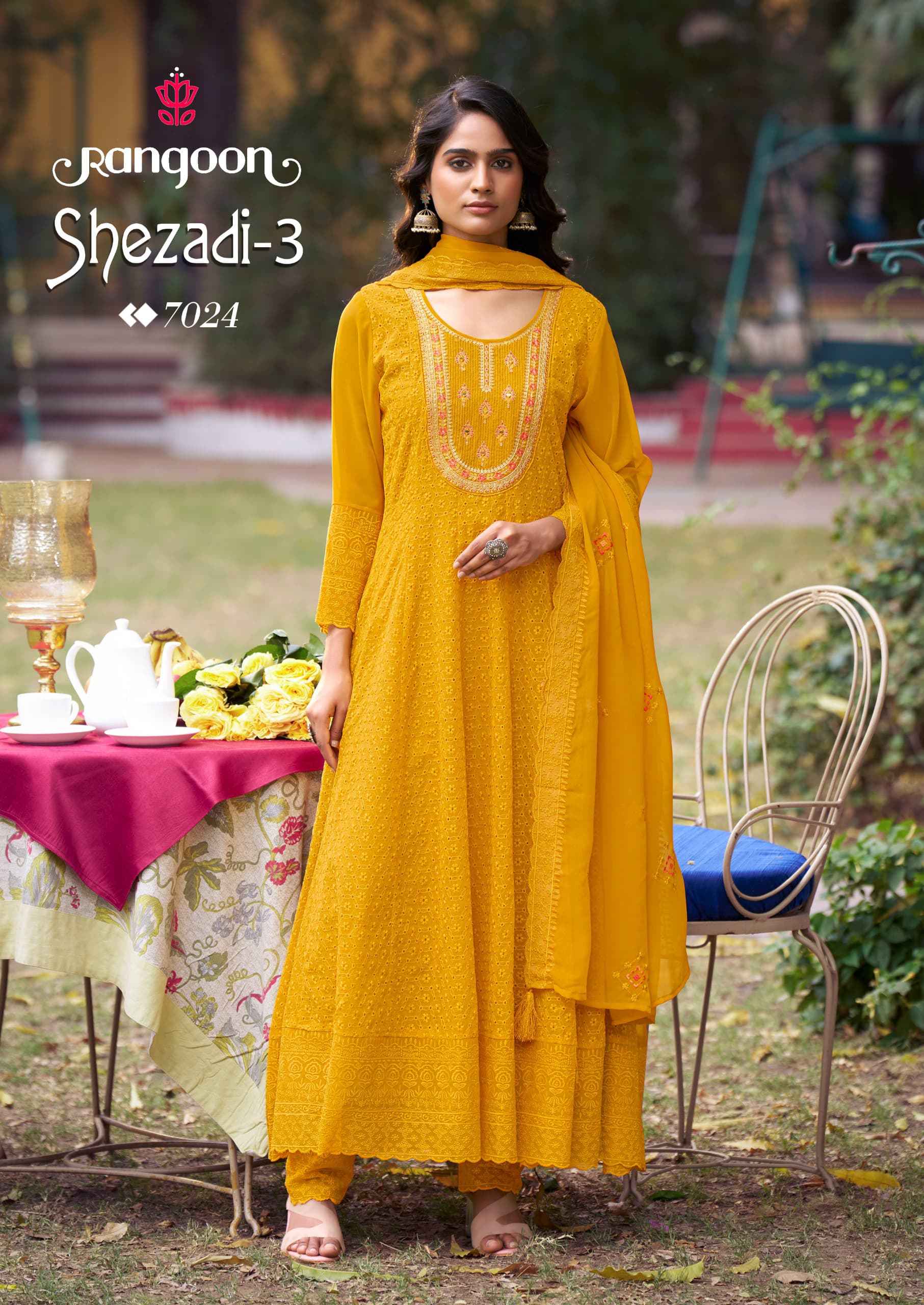 RANGOON SEHZADI VOL 03 SIFLI GEORGATE WITH FANCY EMBRODERY NACK AND KHATLI WORK ANARKALI SUIT WHOLESALE 