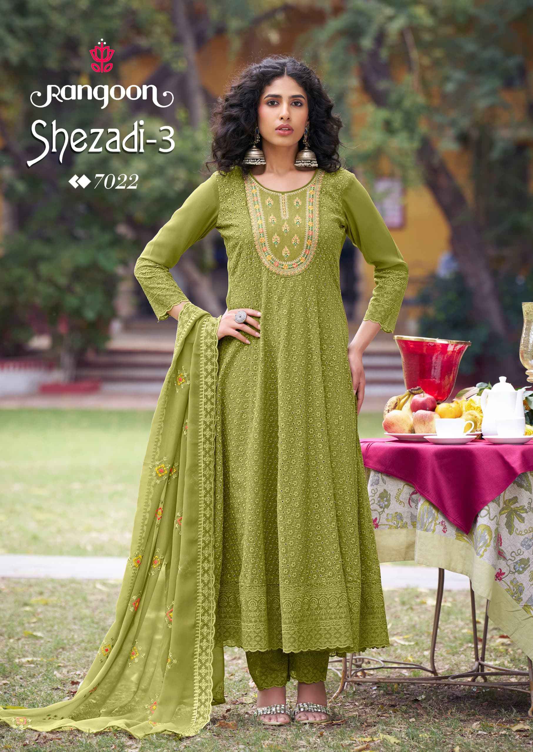 RANGOON SEHZADI VOL 03 SIFLI GEORGATE WITH FANCY EMBRODERY NACK AND KHATLI WORK ANARKALI SUIT WHOLESALE 