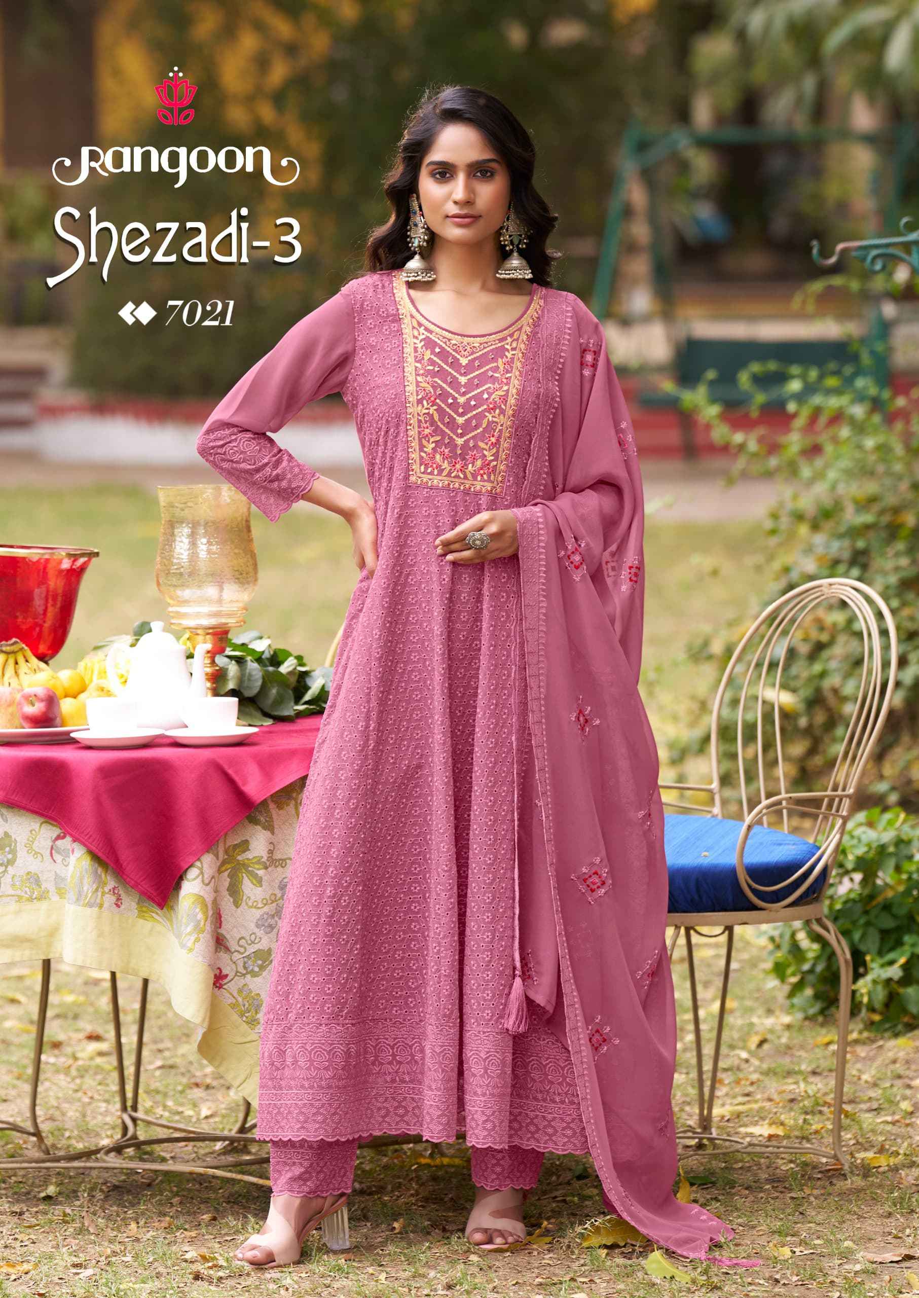 RANGOON SEHZADI VOL 03 SIFLI GEORGATE WITH FANCY EMBRODERY NACK AND KHATLI WORK ANARKALI SUIT WHOLESALE 