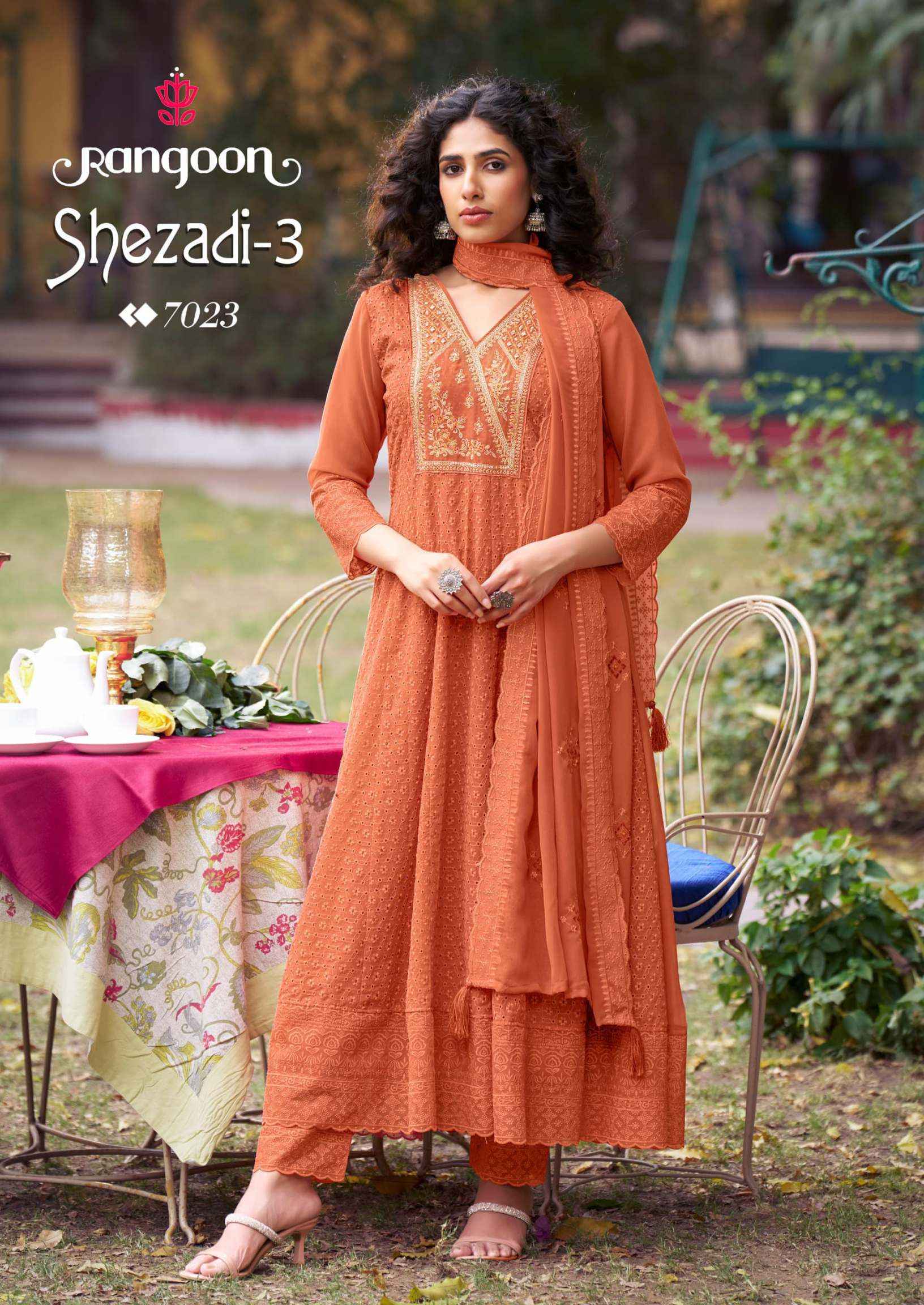 RANGOON SEHZADI VOL 03 SIFLI GEORGATE WITH FANCY EMBRODERY NACK AND KHATLI WORK ANARKALI SUIT WHOLESALE 
