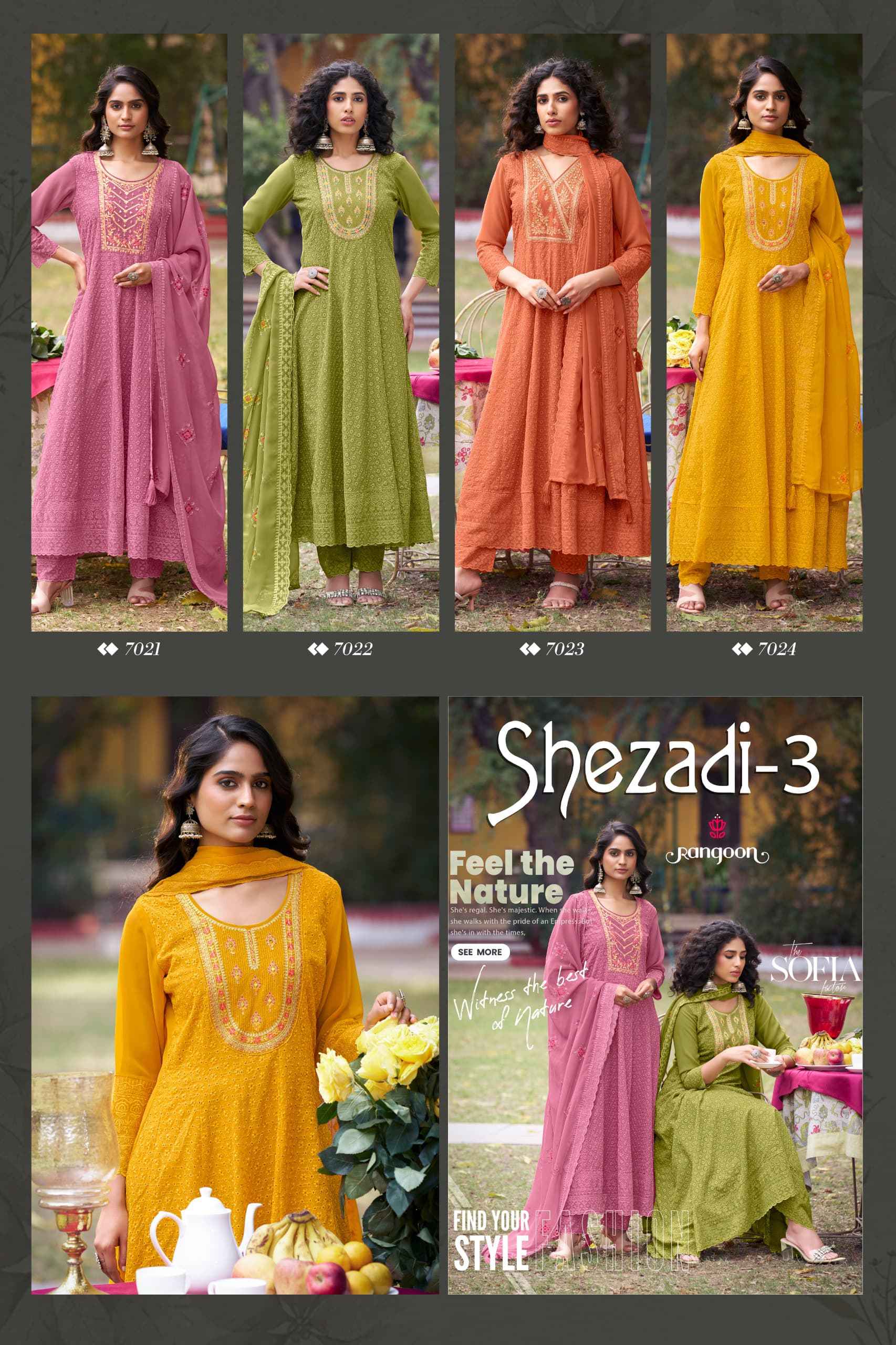 RANGOON SEHZADI VOL 03 SIFLI GEORGATE WITH FANCY EMBRODERY NACK AND KHATLI WORK ANARKALI SUIT WHOLESALE 