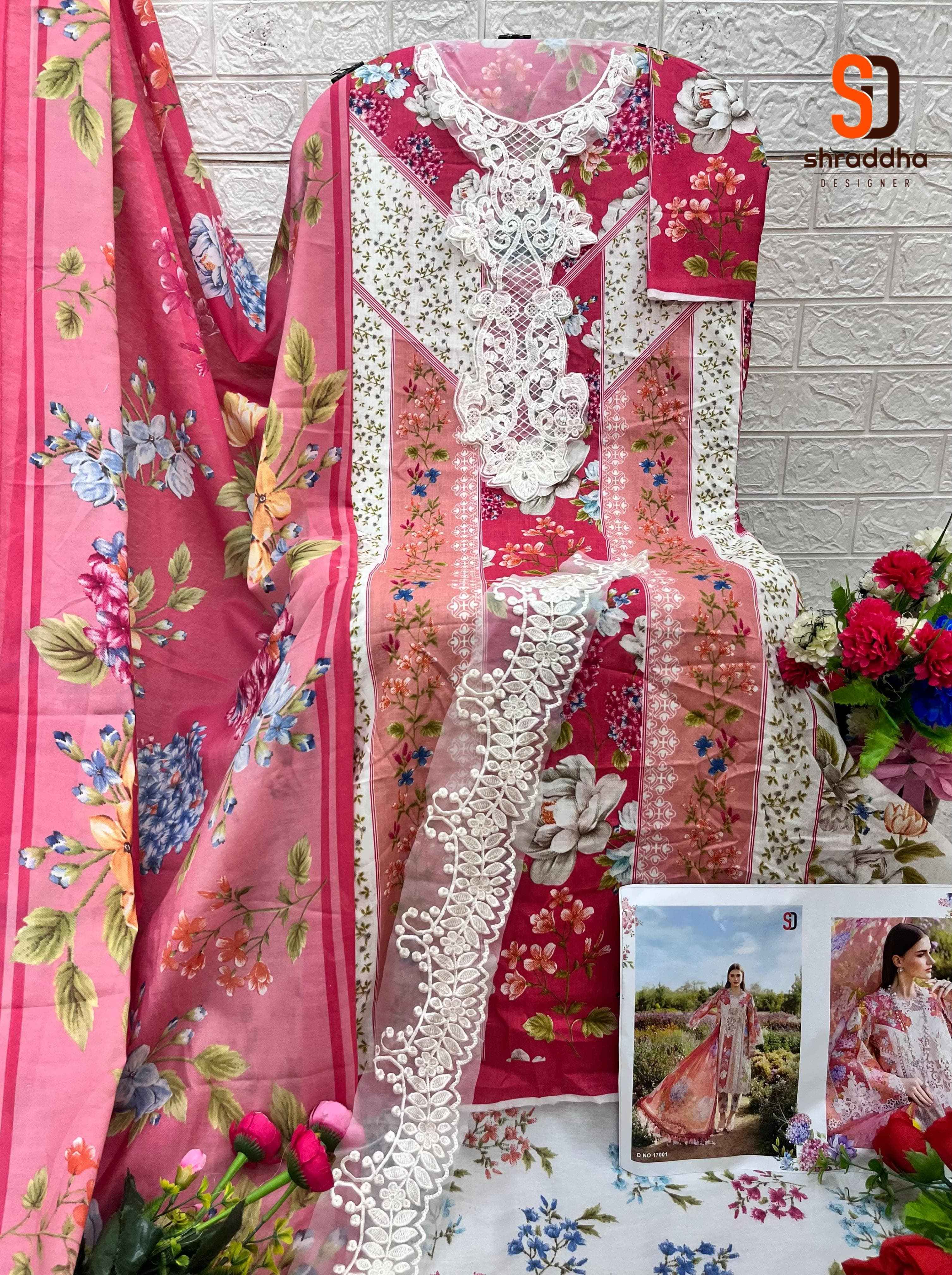 SHARADDHA DESIGNER M.PRINT 17 LAWN COTTON PRINTED WITH HEAVY EMBROIDERY DRESS MATERIAL