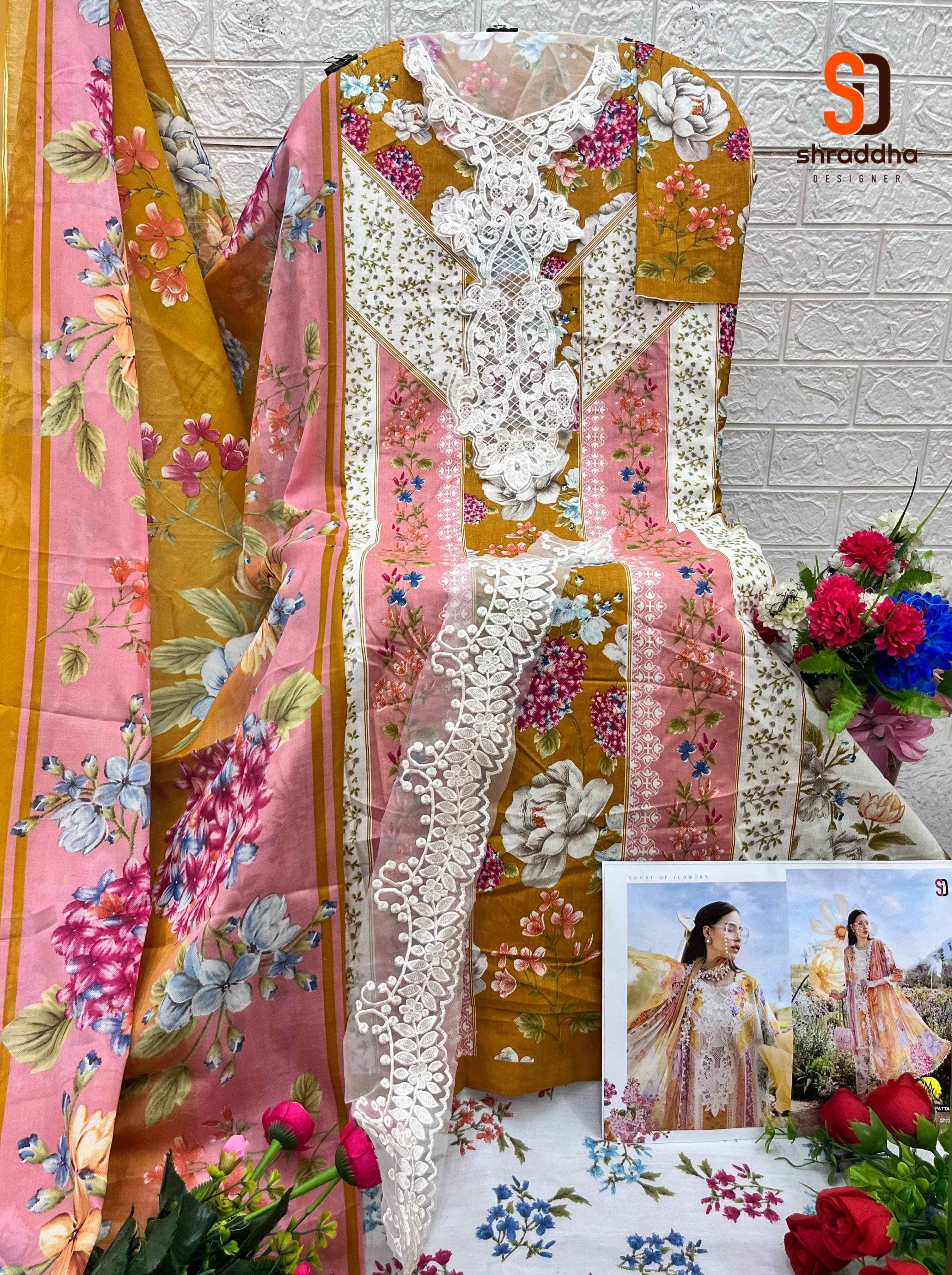 SHARADDHA DESIGNER M.PRINT 17 LAWN COTTON PRINTED WITH HEAVY EMBROIDERY DRESS MATERIAL
