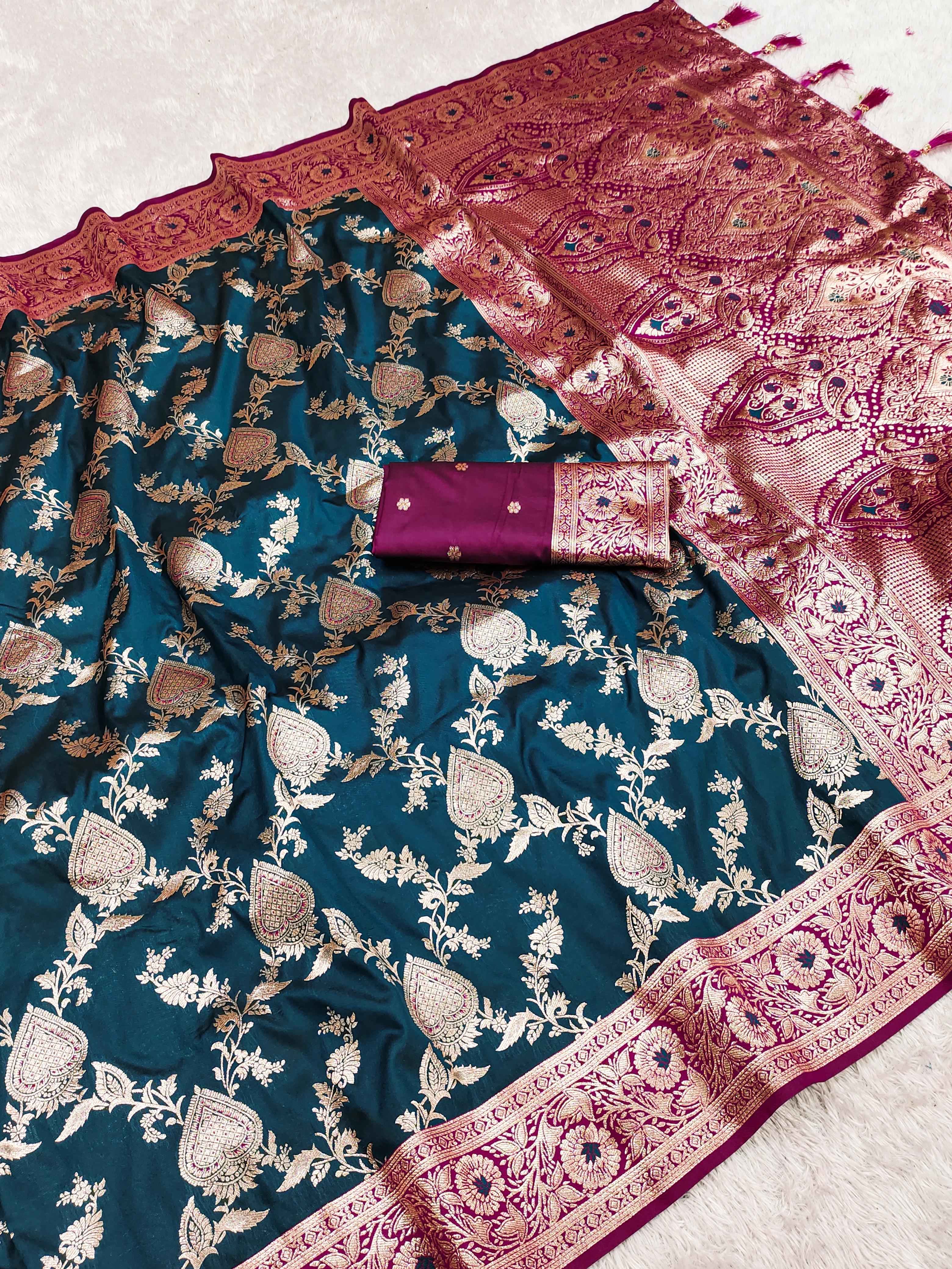SOFT BANARASI SILK SAREE WITH ZARI WEAVING MEENAKARI DESIGN AT WHOLESALE PRICE