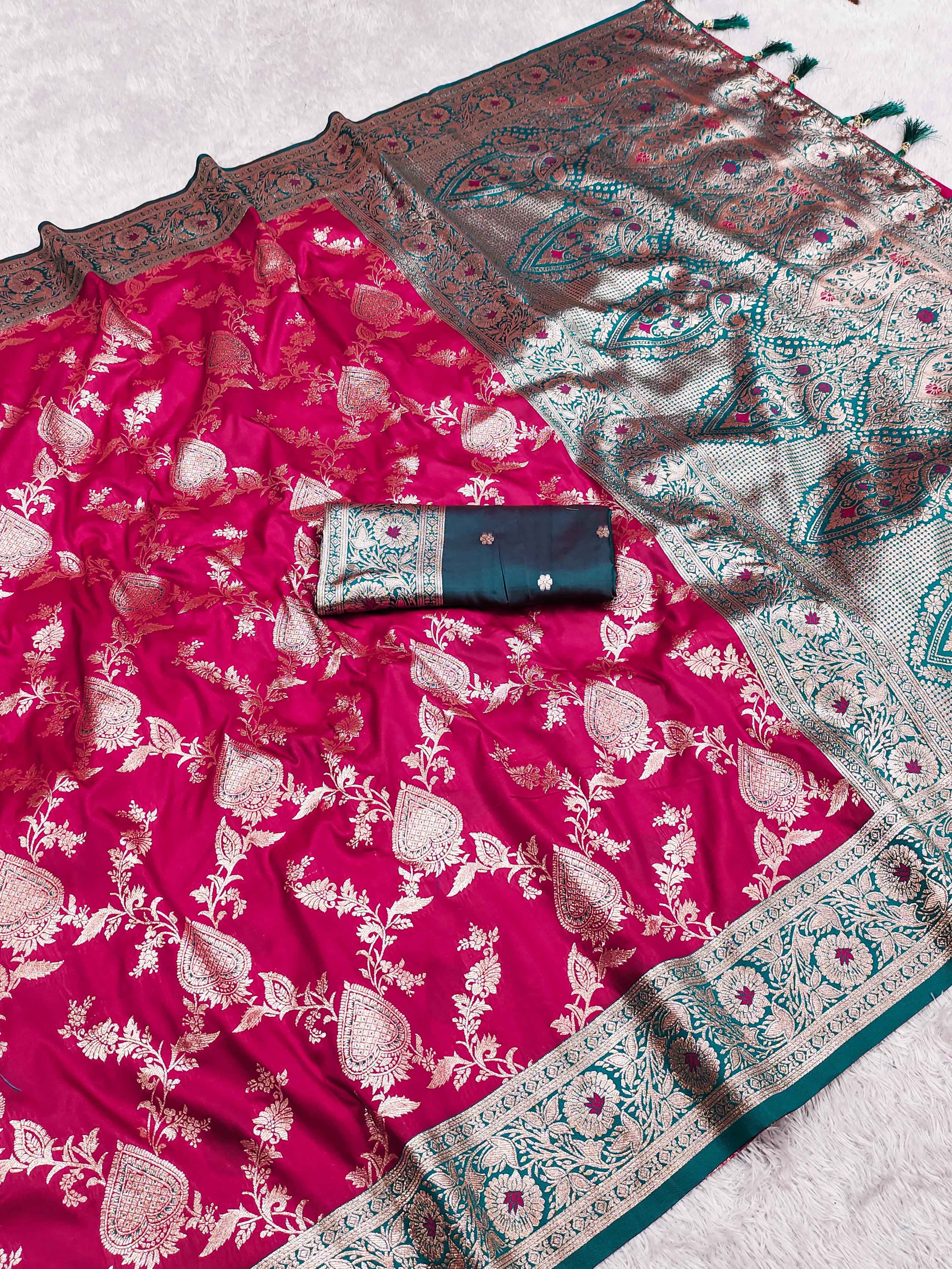 SOFT BANARASI SILK SAREE WITH ZARI WEAVING MEENAKARI DESIGN AT WHOLESALE PRICE