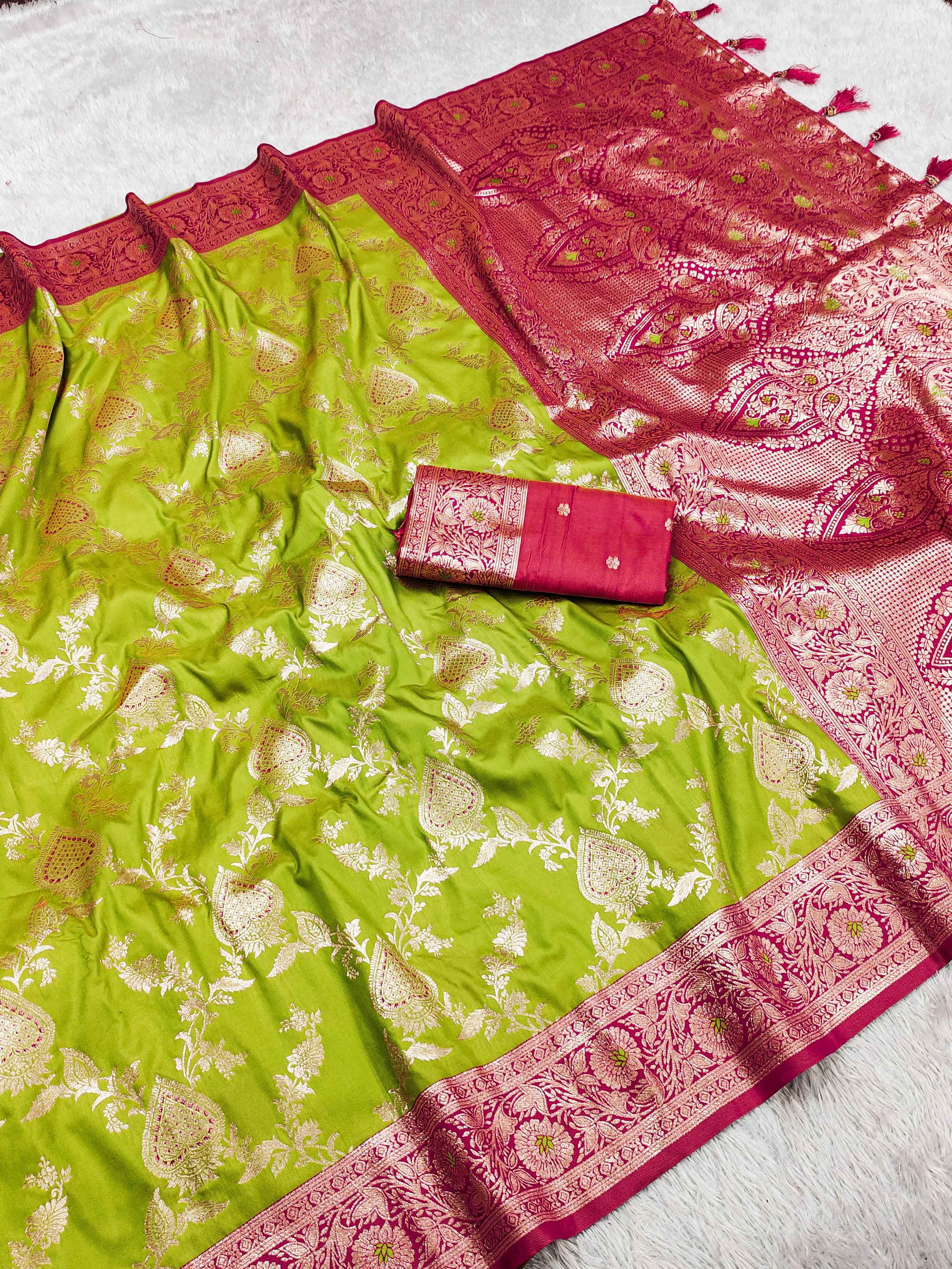 SOFT BANARASI SILK SAREE WITH ZARI WEAVING MEENAKARI DESIGN AT WHOLESALE PRICE