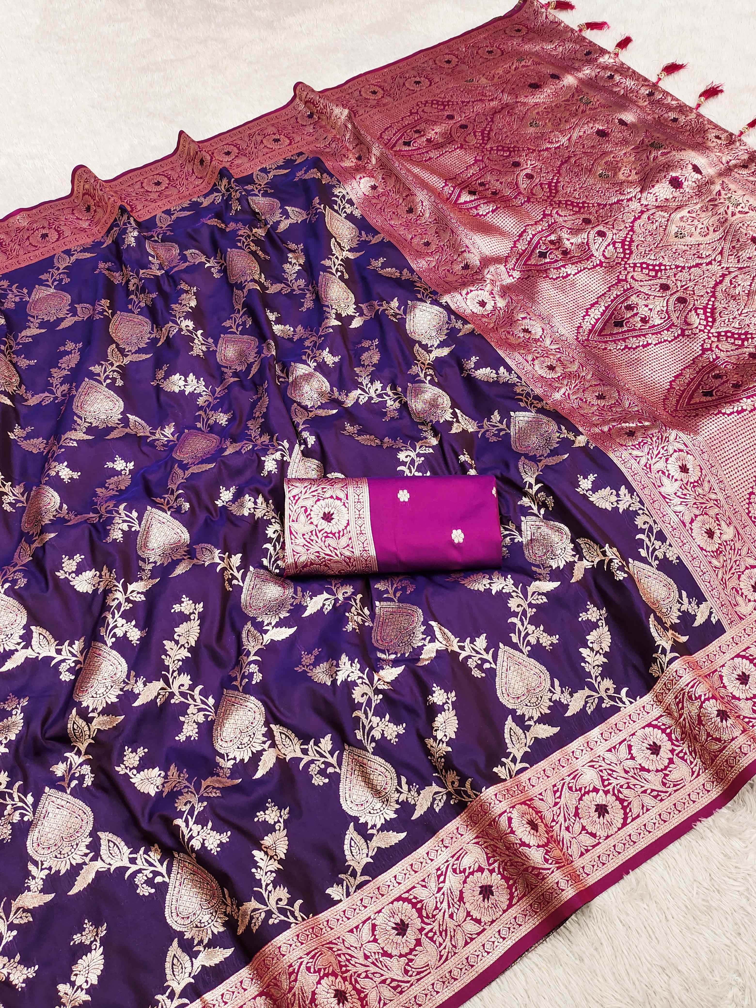 SOFT BANARASI SILK SAREE WITH ZARI WEAVING MEENAKARI DESIGN AT WHOLESALE PRICE