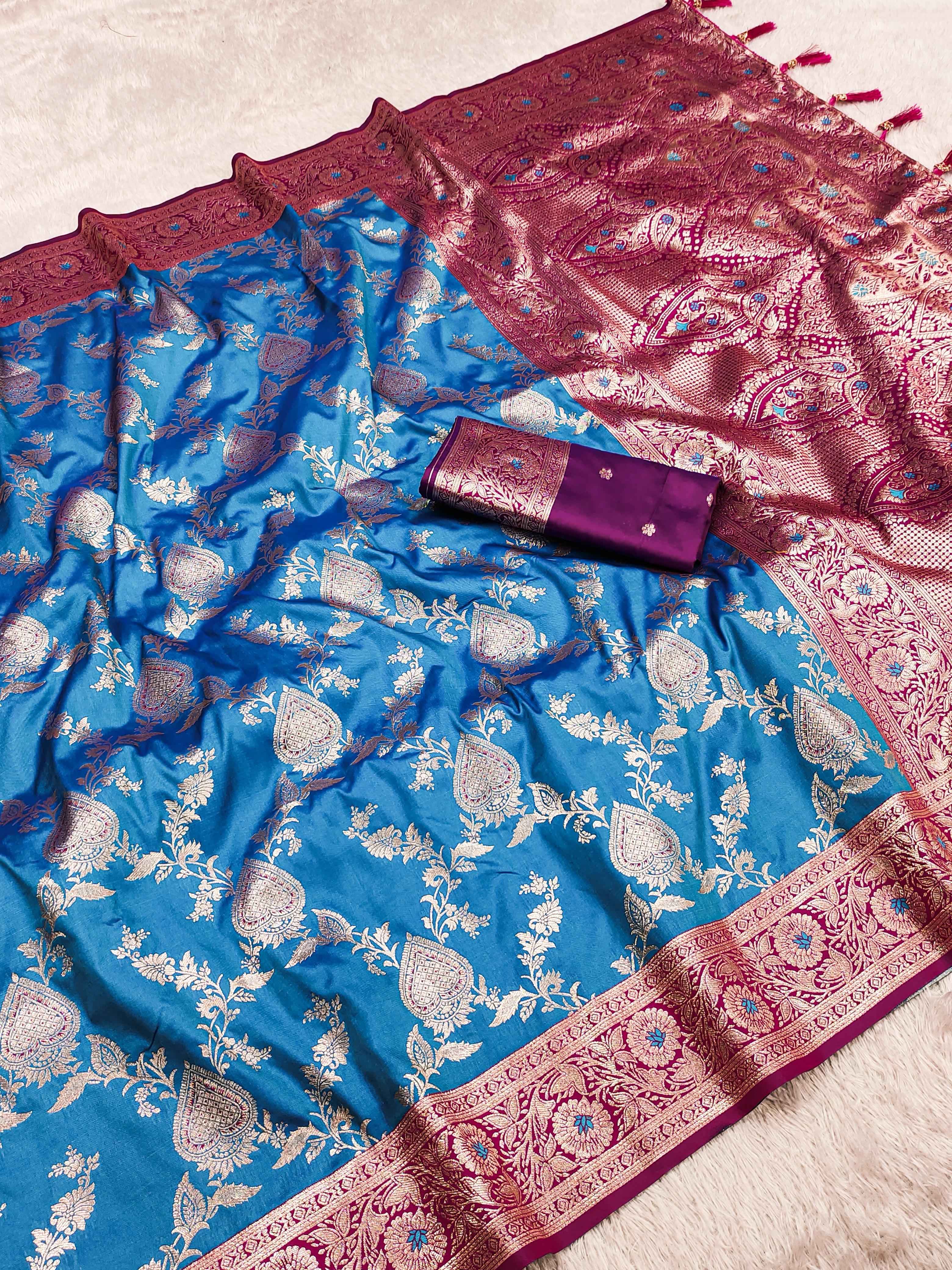 SOFT BANARASI SILK SAREE WITH ZARI WEAVING MEENAKARI DESIGN AT WHOLESALE PRICE