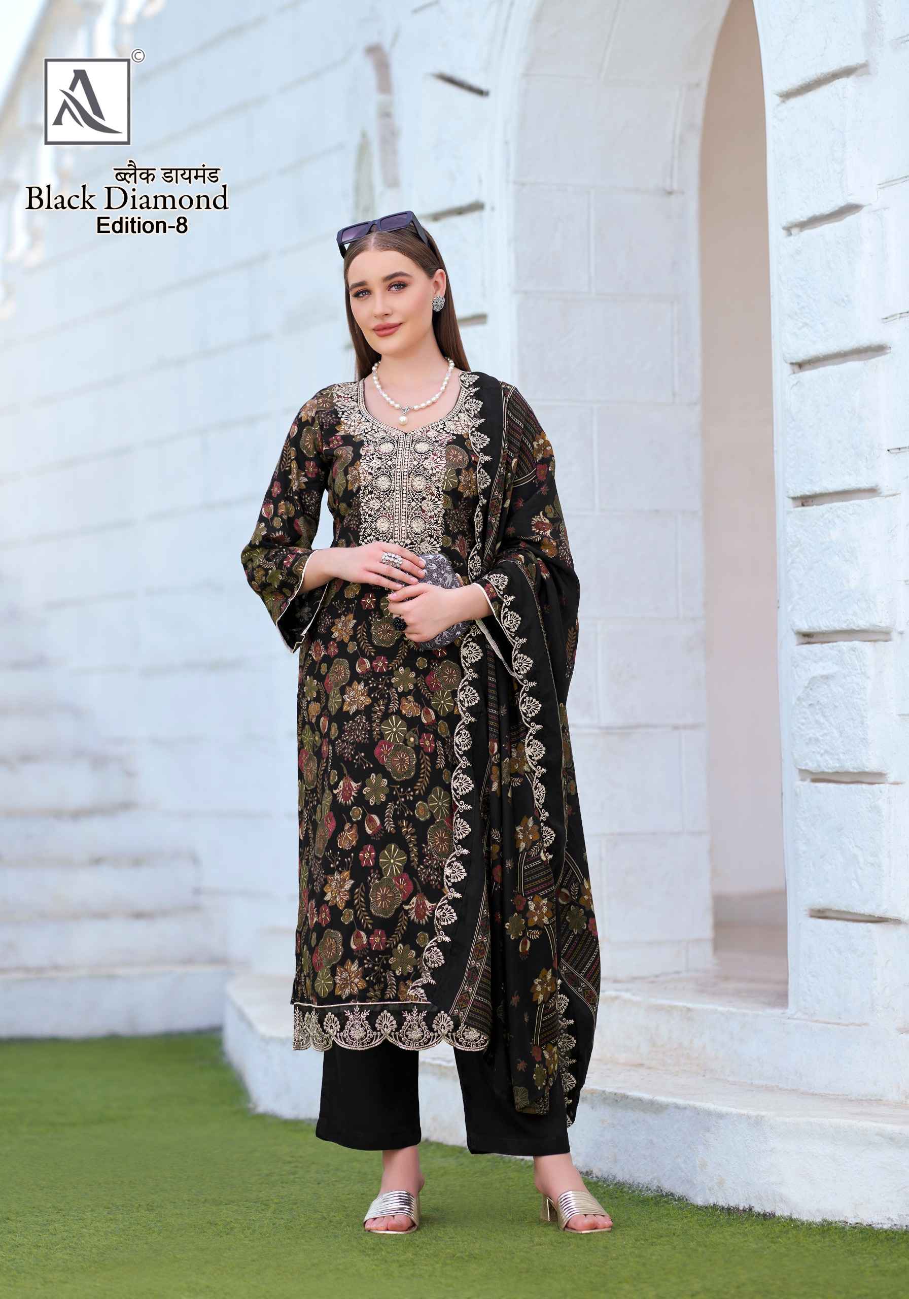 ALOK BLACK DIAMOND VOL-8 PURE REYON PRINTED WMBROIDERY DRESS MATERIAL AT WHOLESALE PRICE