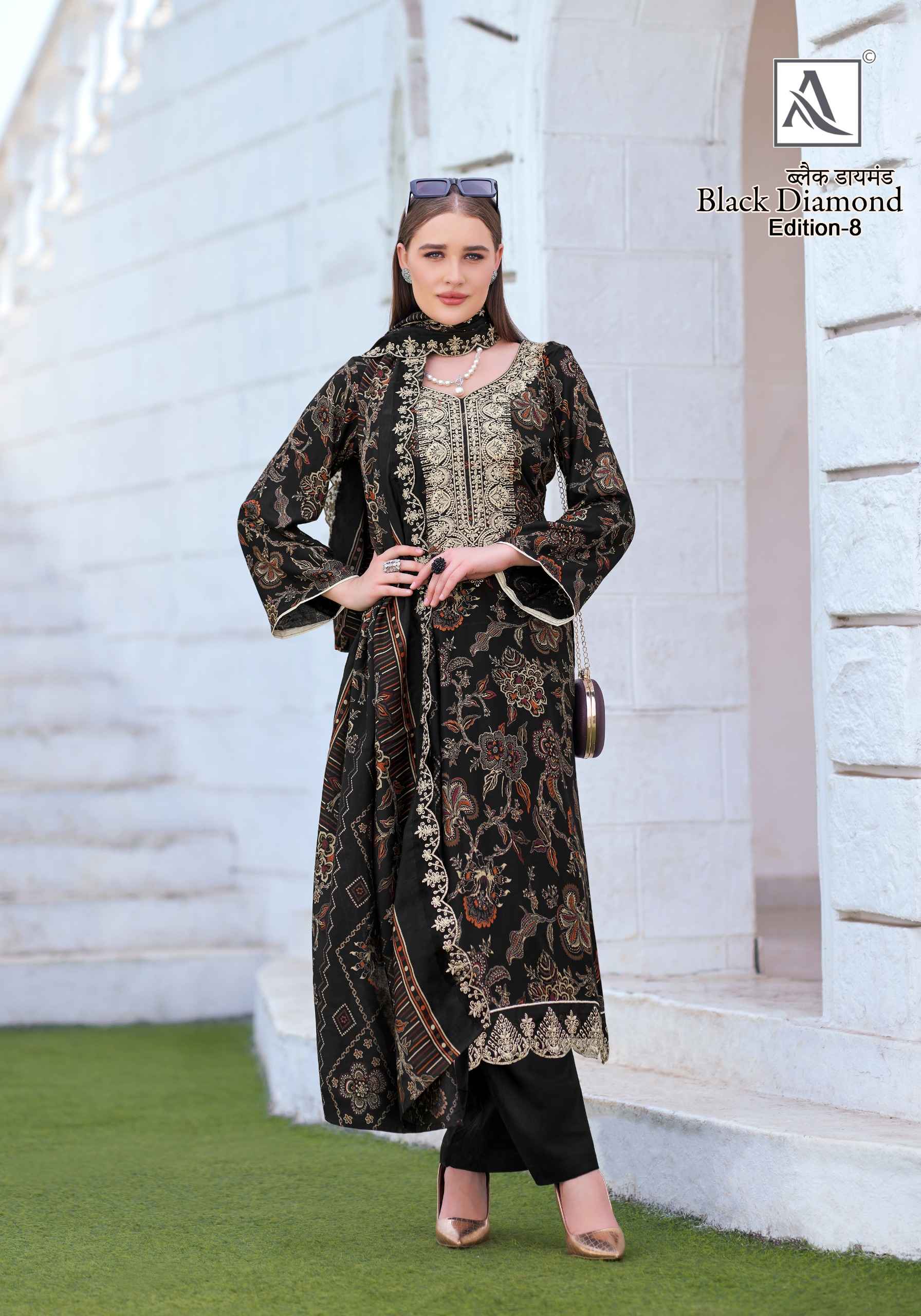 ALOK BLACK DIAMOND VOL-8 PURE REYON PRINTED WMBROIDERY DRESS MATERIAL AT WHOLESALE PRICE